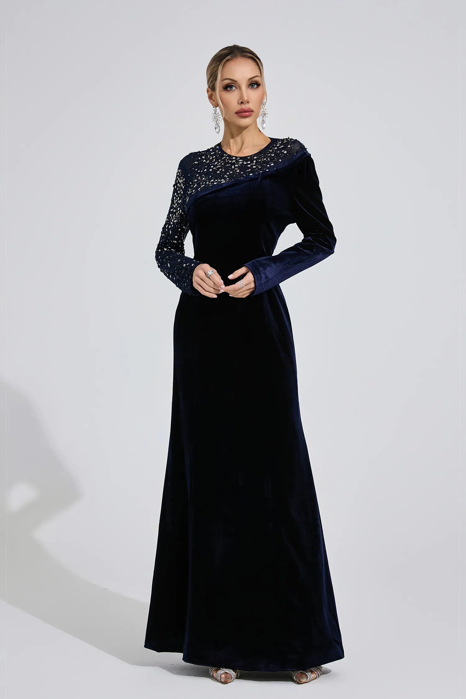 Elzira Navy Blue Velvet Maxi Dress
