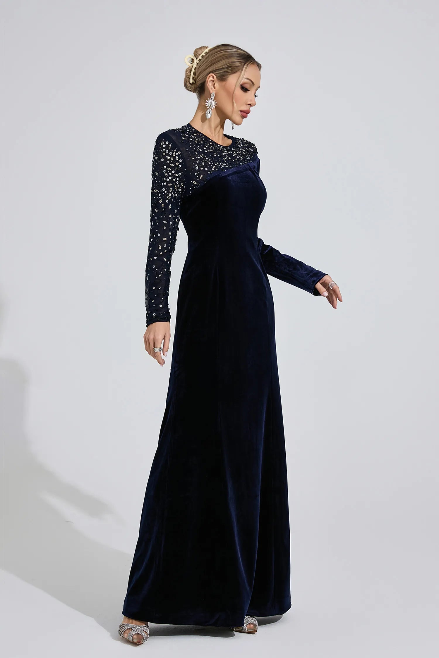 Elzira Navy Blue Velvet Maxi Dress