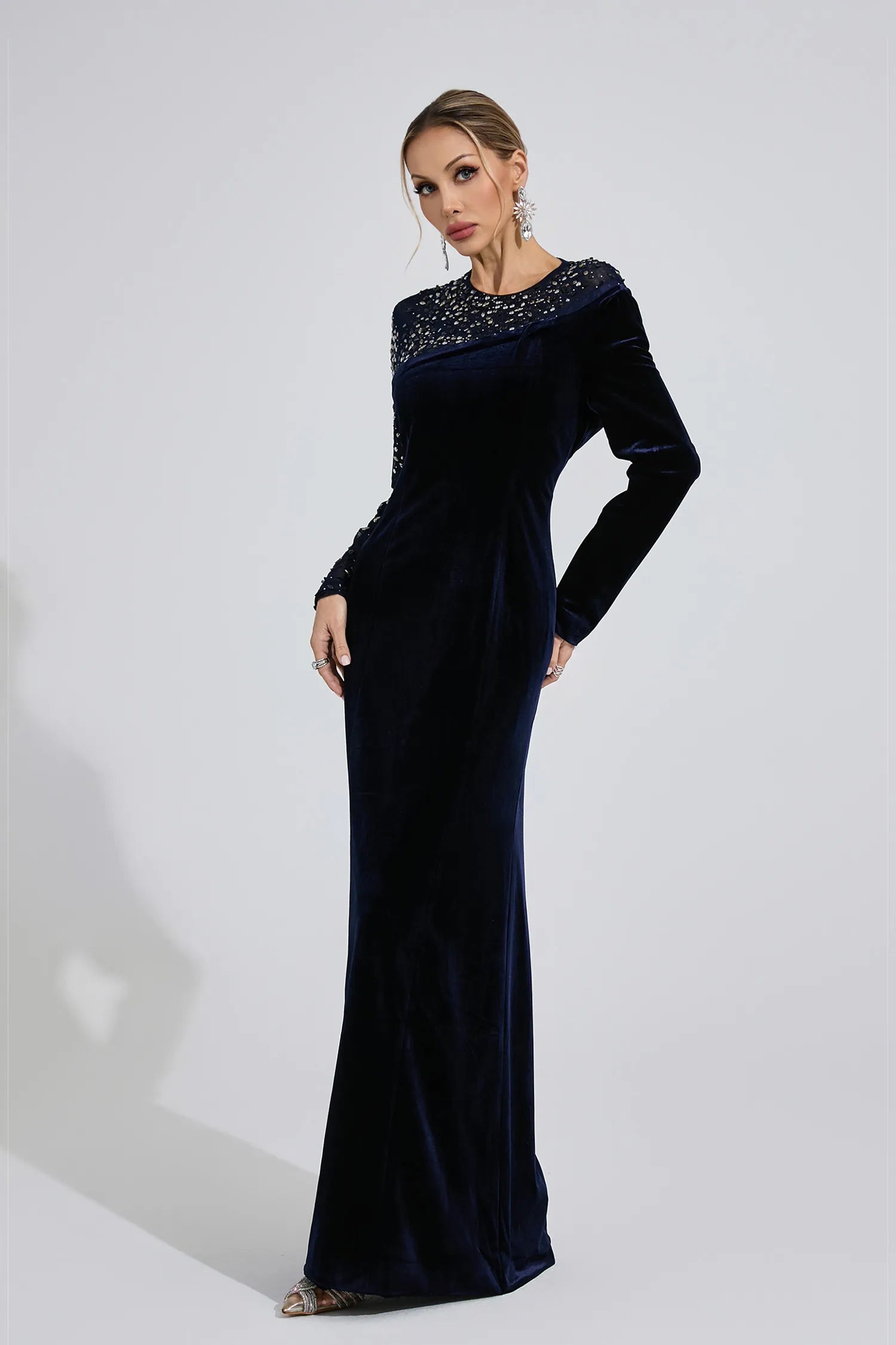Elzira Navy Blue Velvet Maxi Dress