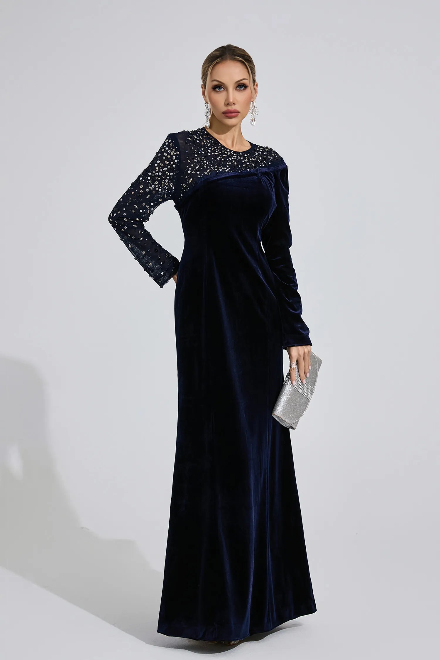 Elzira Navy Blue Velvet Maxi Dress