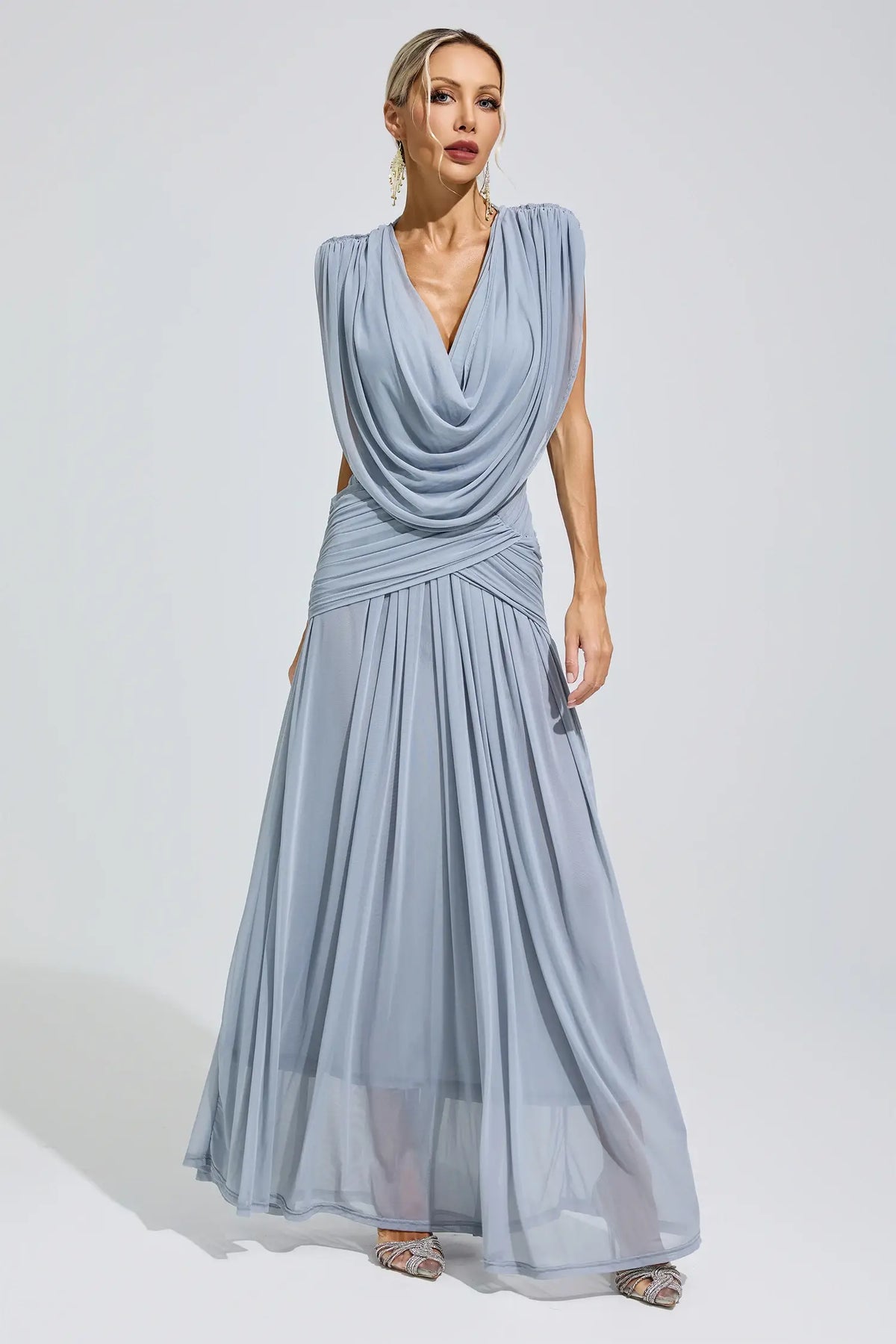 Serilda Blue Pleated Knit Maxi Dress