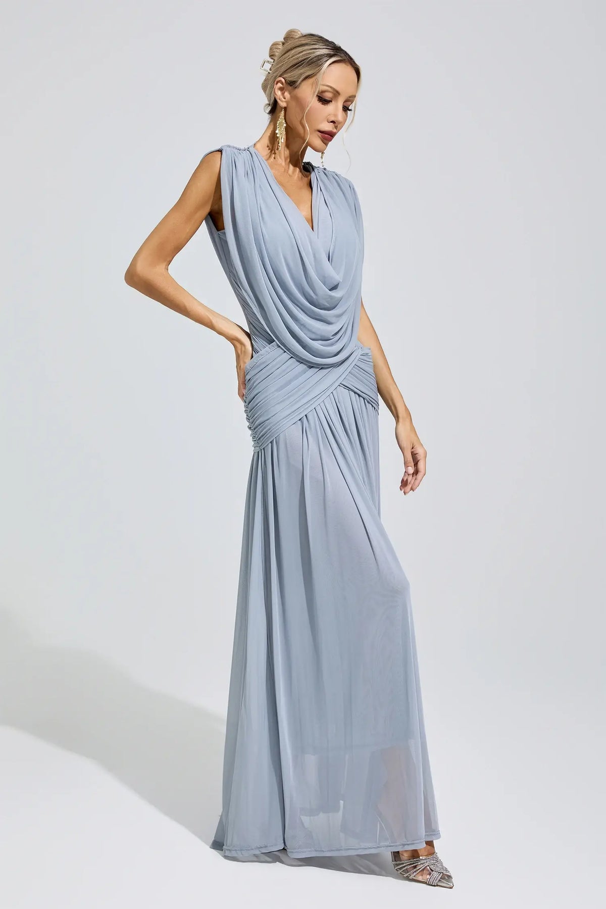 Serilda Blue Pleated Knit Maxi Dress