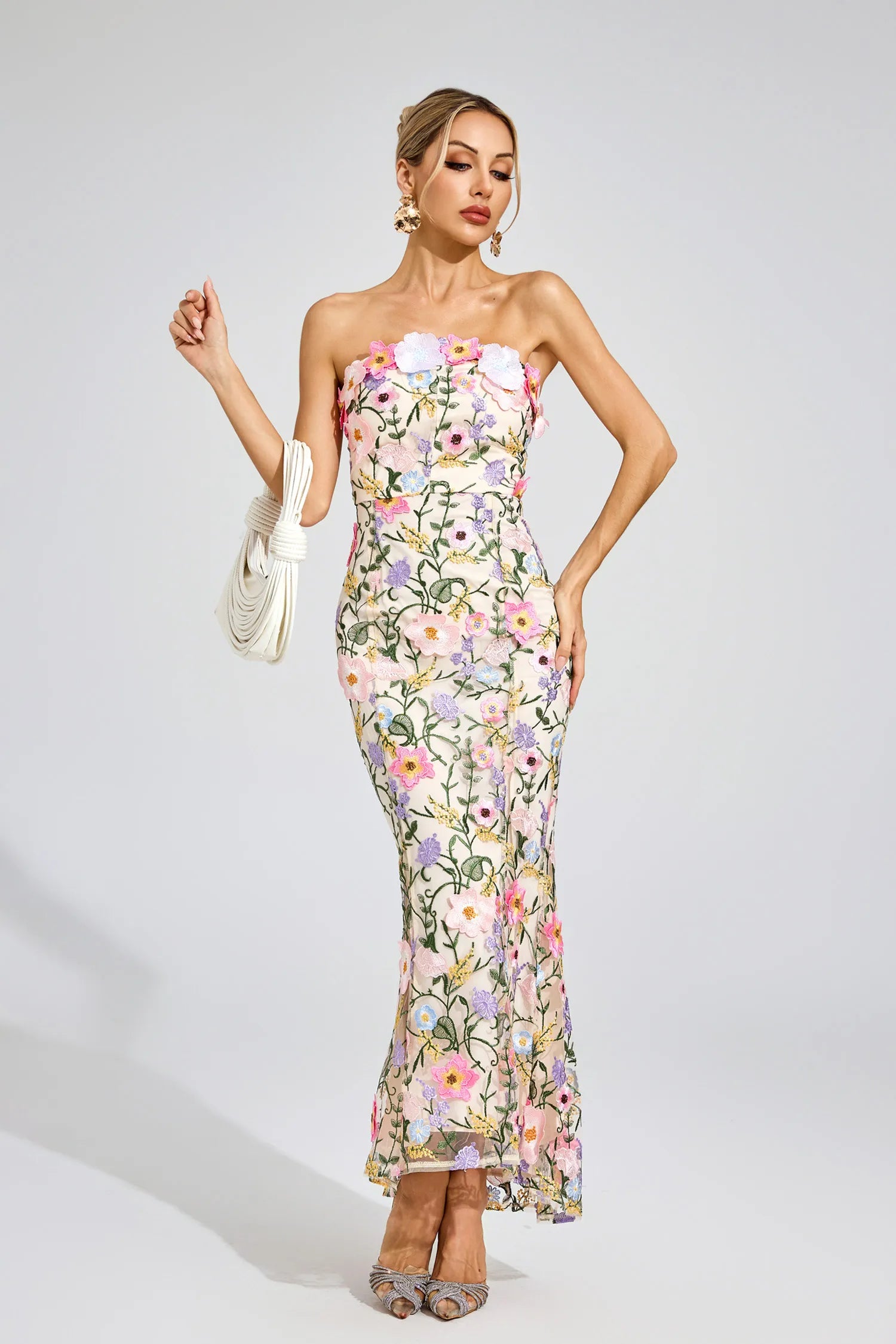 Ariane Apricot Floral Embroider Maxi Dress