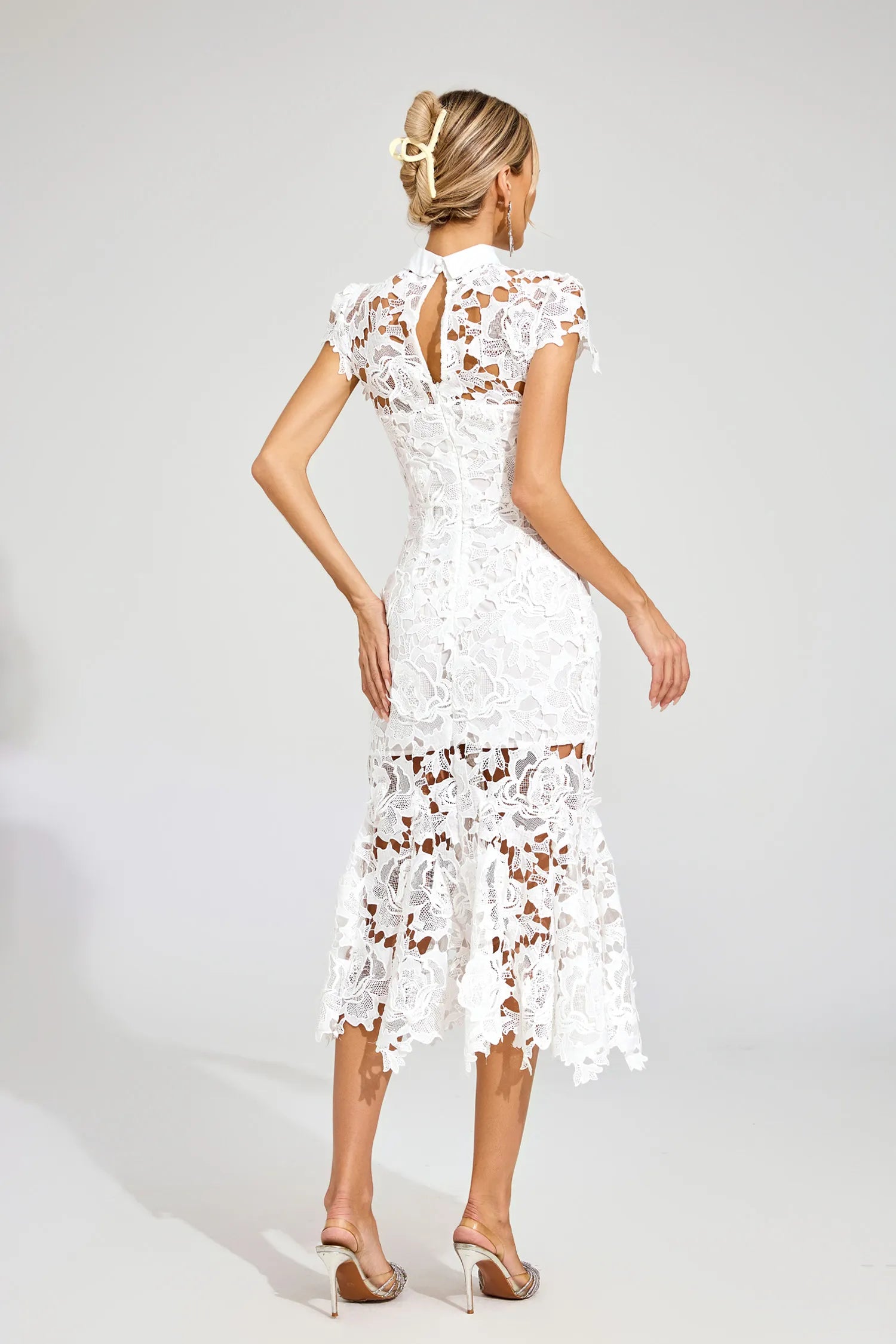 Jacqueline White Fishtail Lace Cut Out Midi Dress