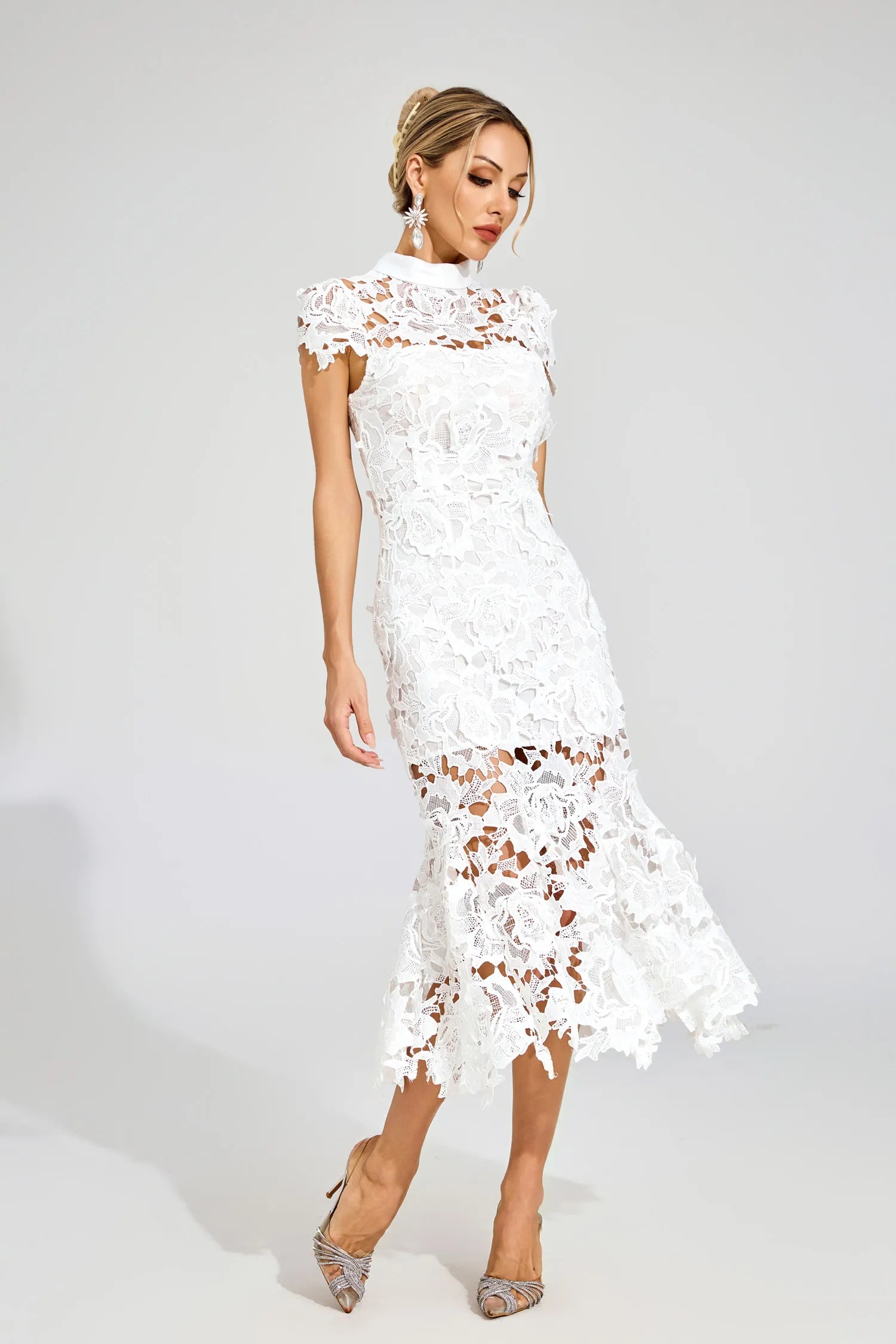 Jacqueline White Fishtail Lace Cut Out Midi Dress