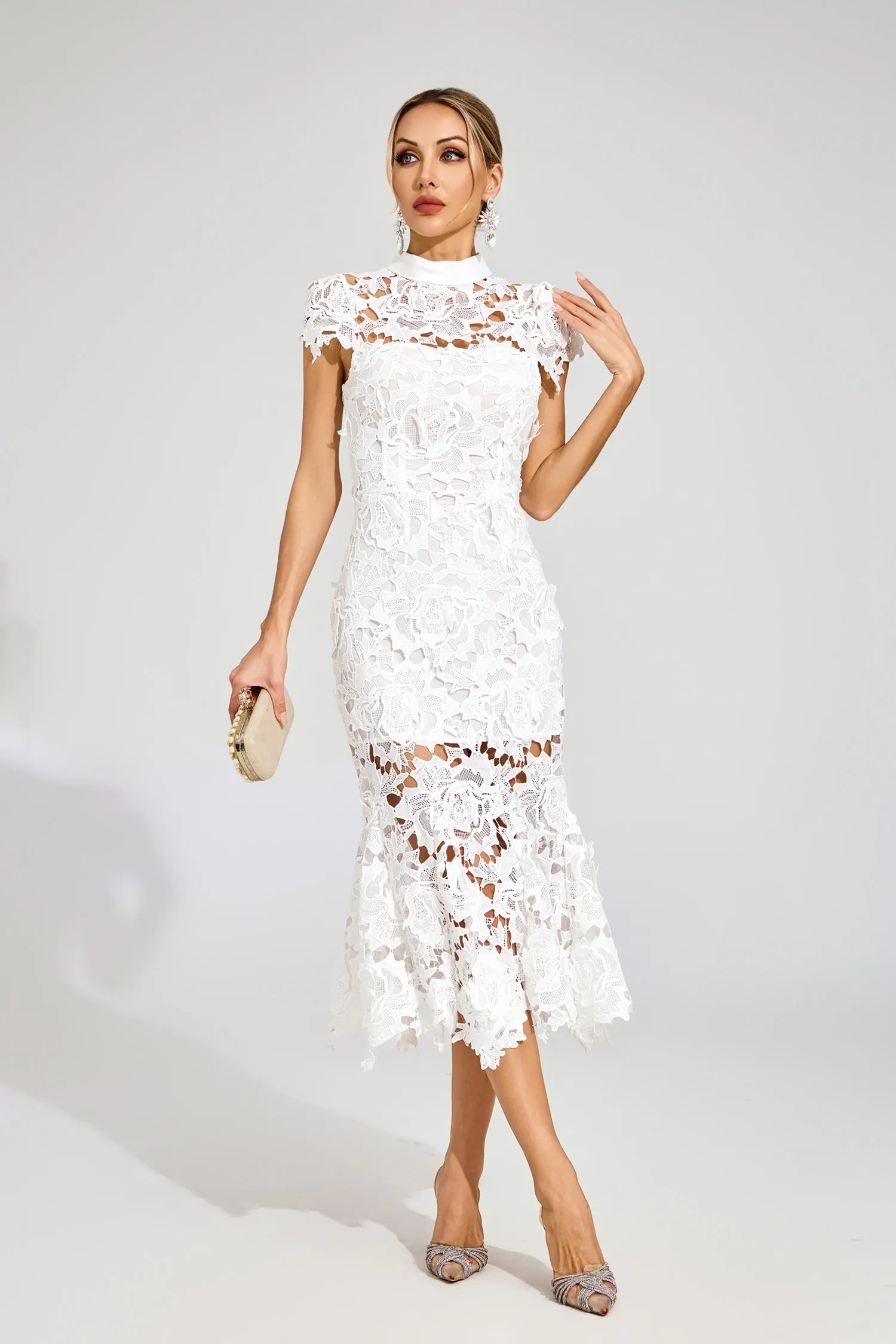 Jacqueline White Fishtail Lace Cut Out Midi Dress