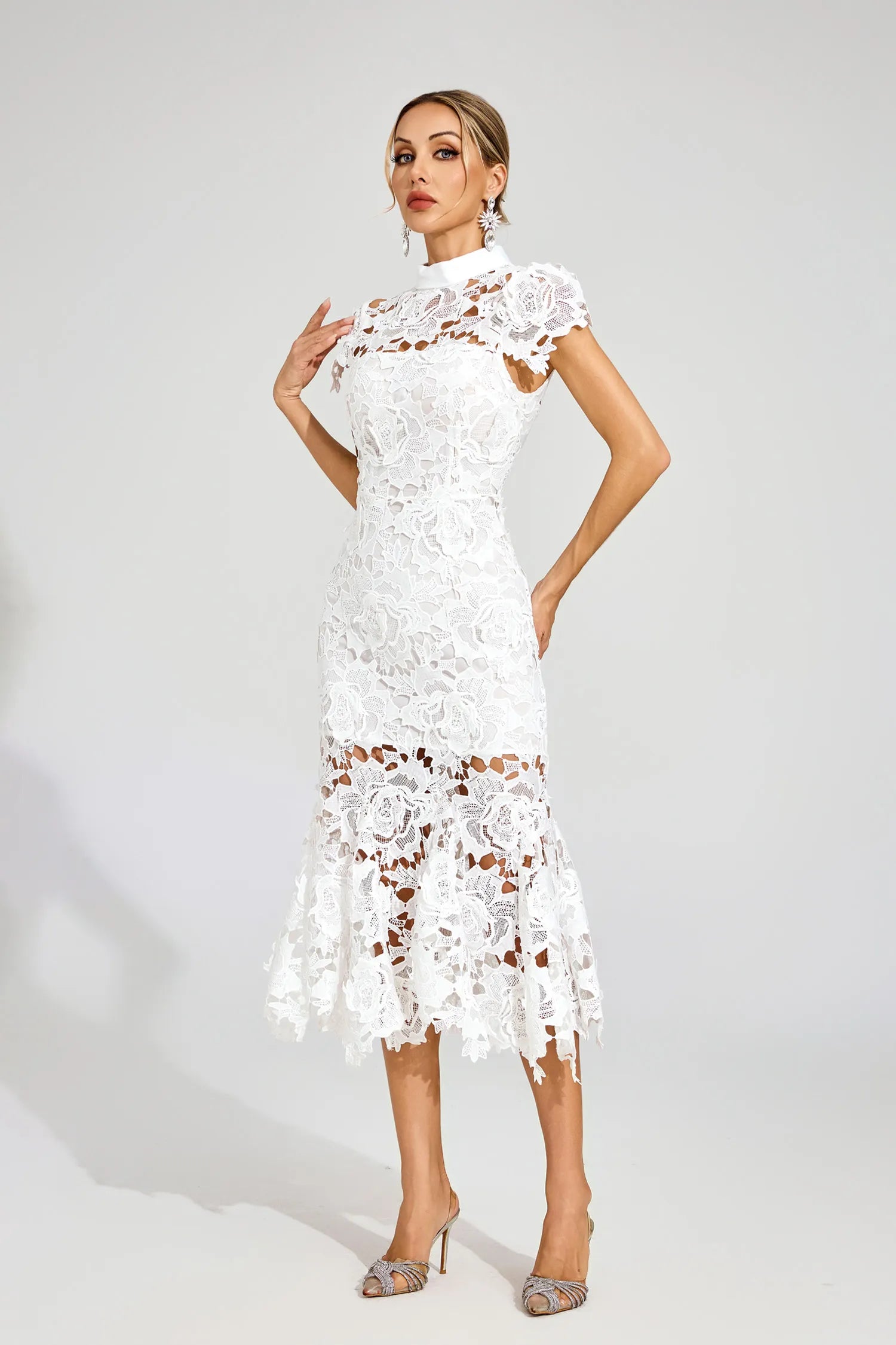 Jacqueline White Fishtail Lace Cut Out Midi Dress