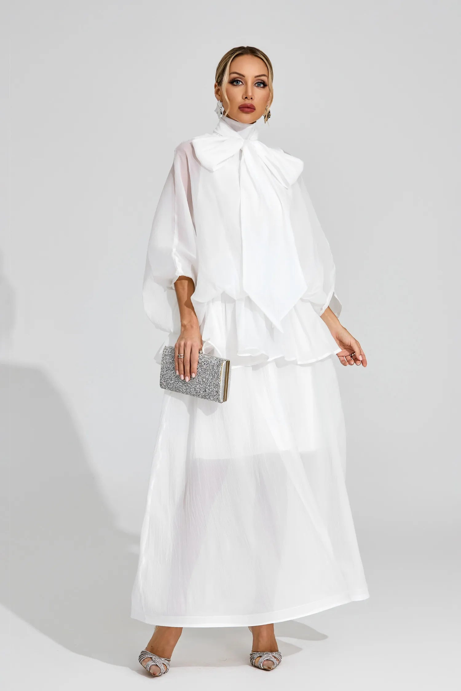 Tracy White Sheer Bow Maxi Dress