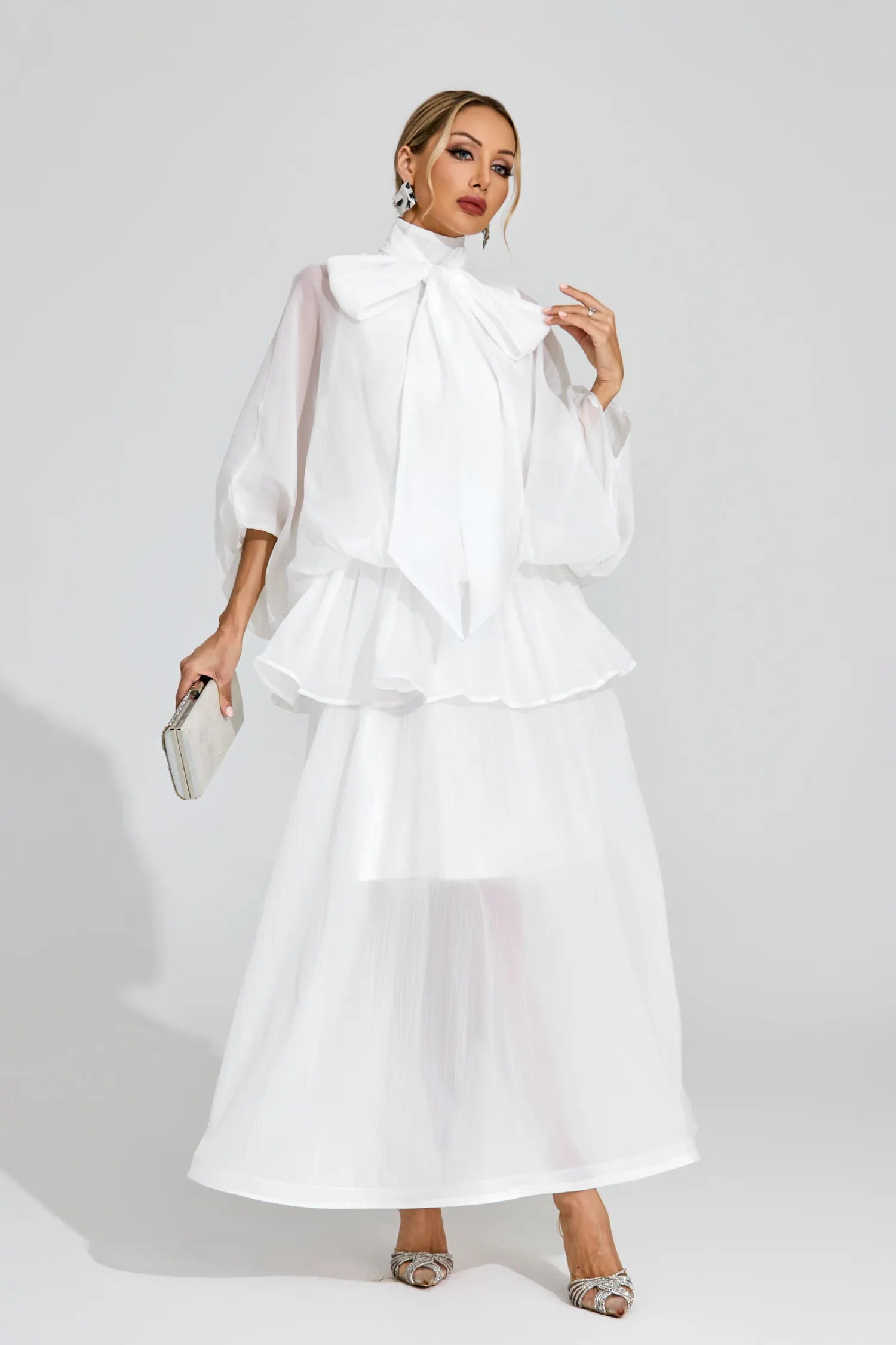 Tracy White Sheer Bow Maxi Dress