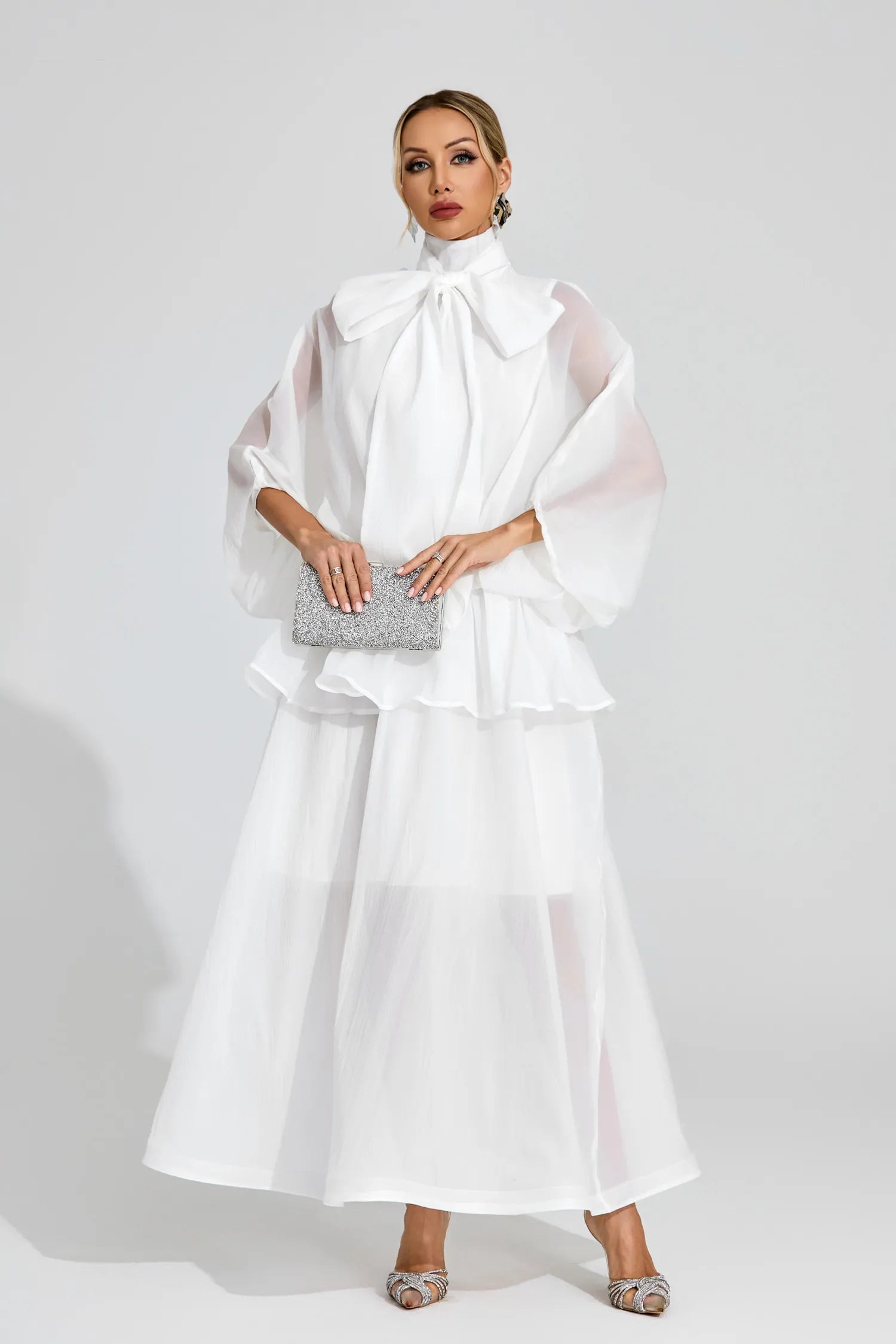 Tracy White Sheer Bow Maxi Dress