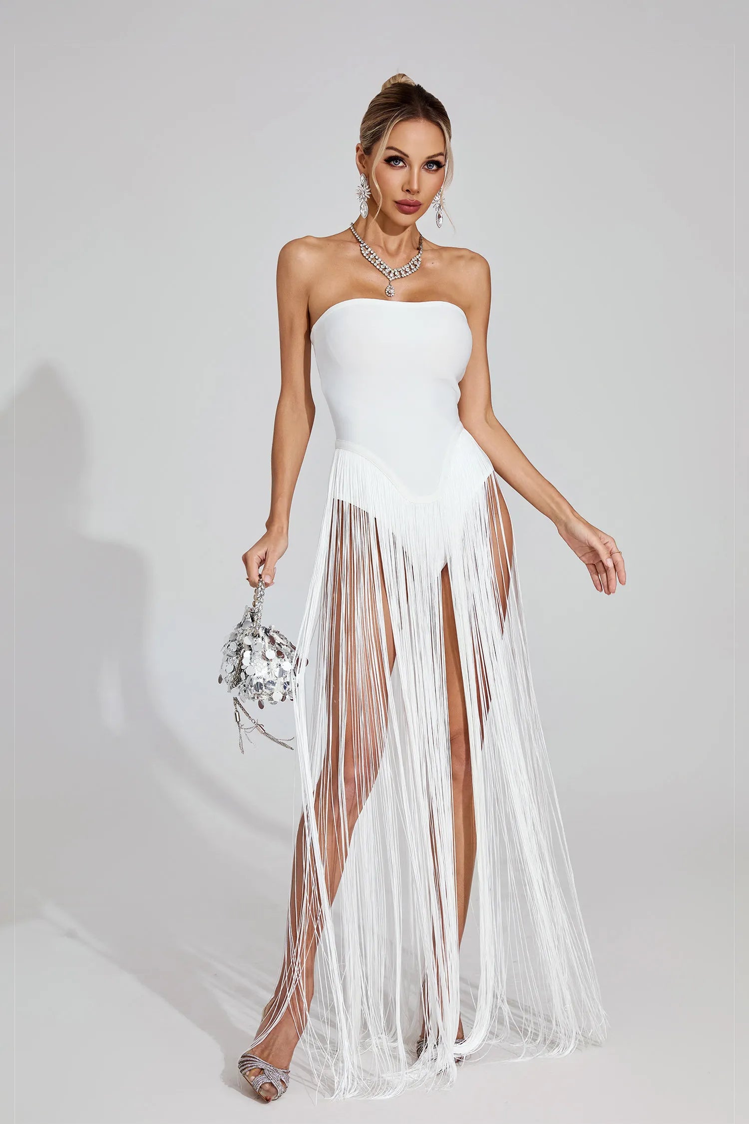 Vionara White Fringe Strapless Maxi Dress