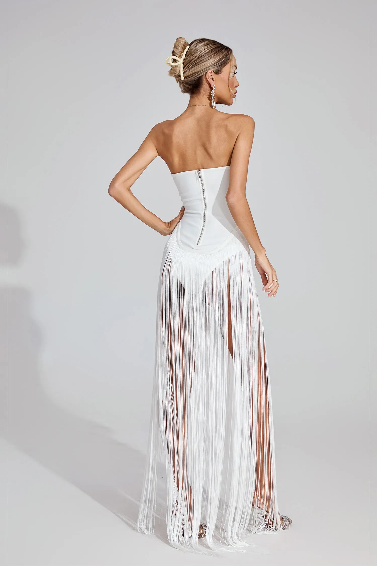 Vionara White Fringe Strapless Maxi Dress