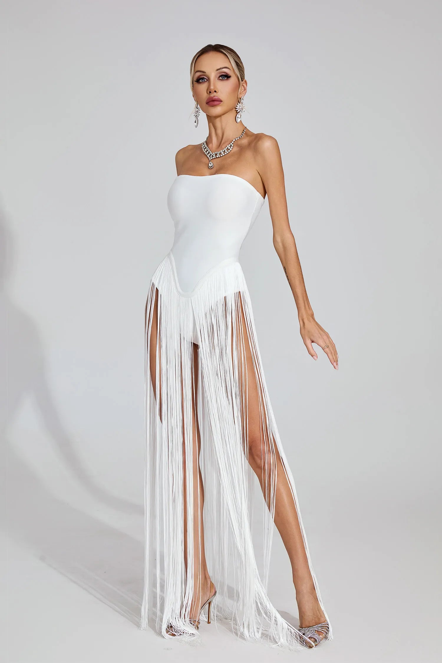 Vionara White Fringe Strapless Maxi Dress