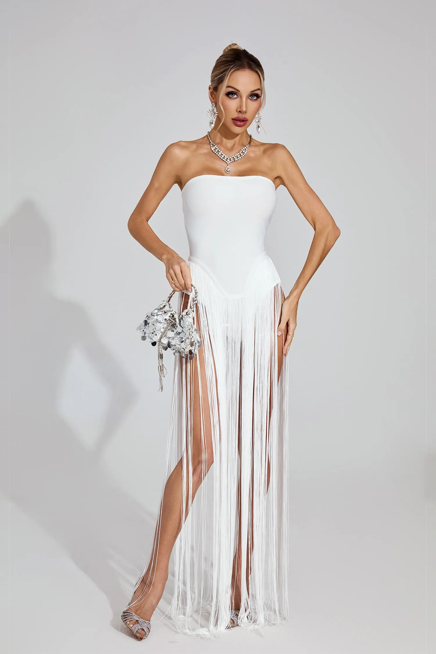 Vionara White Fringe Strapless Maxi Dress