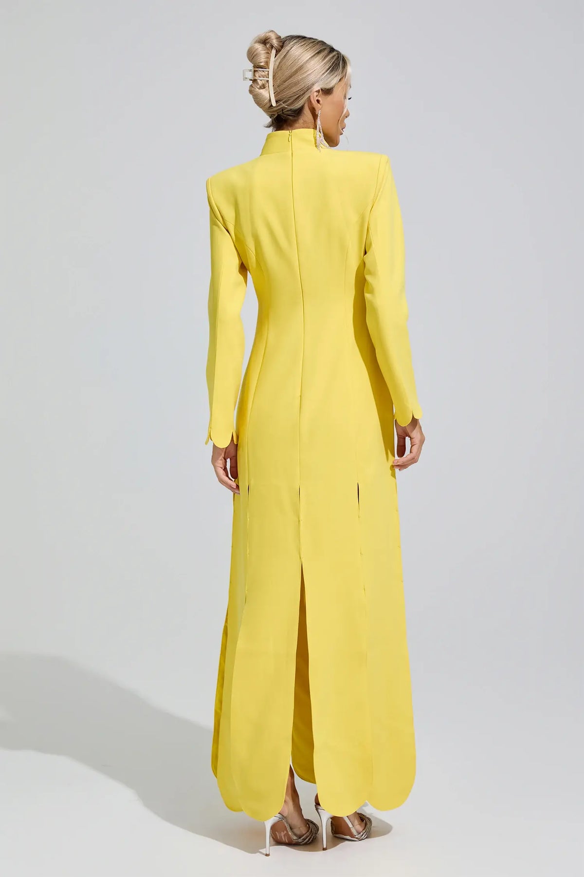 Elysia Yellow V-Neck High Slit Evening Maxi Dress