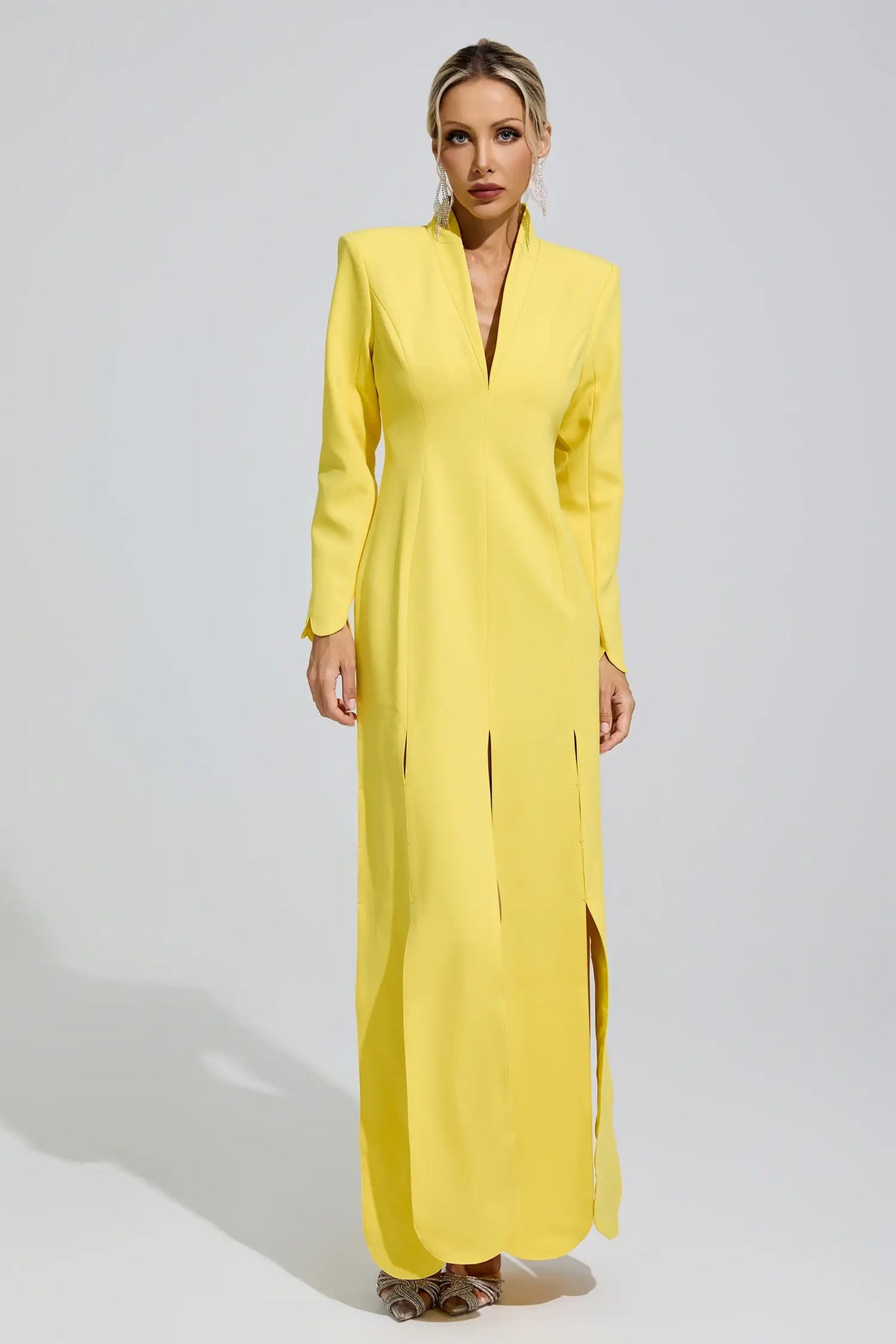 Elysia Yellow V-Neck High Slit Evening Maxi Dress
