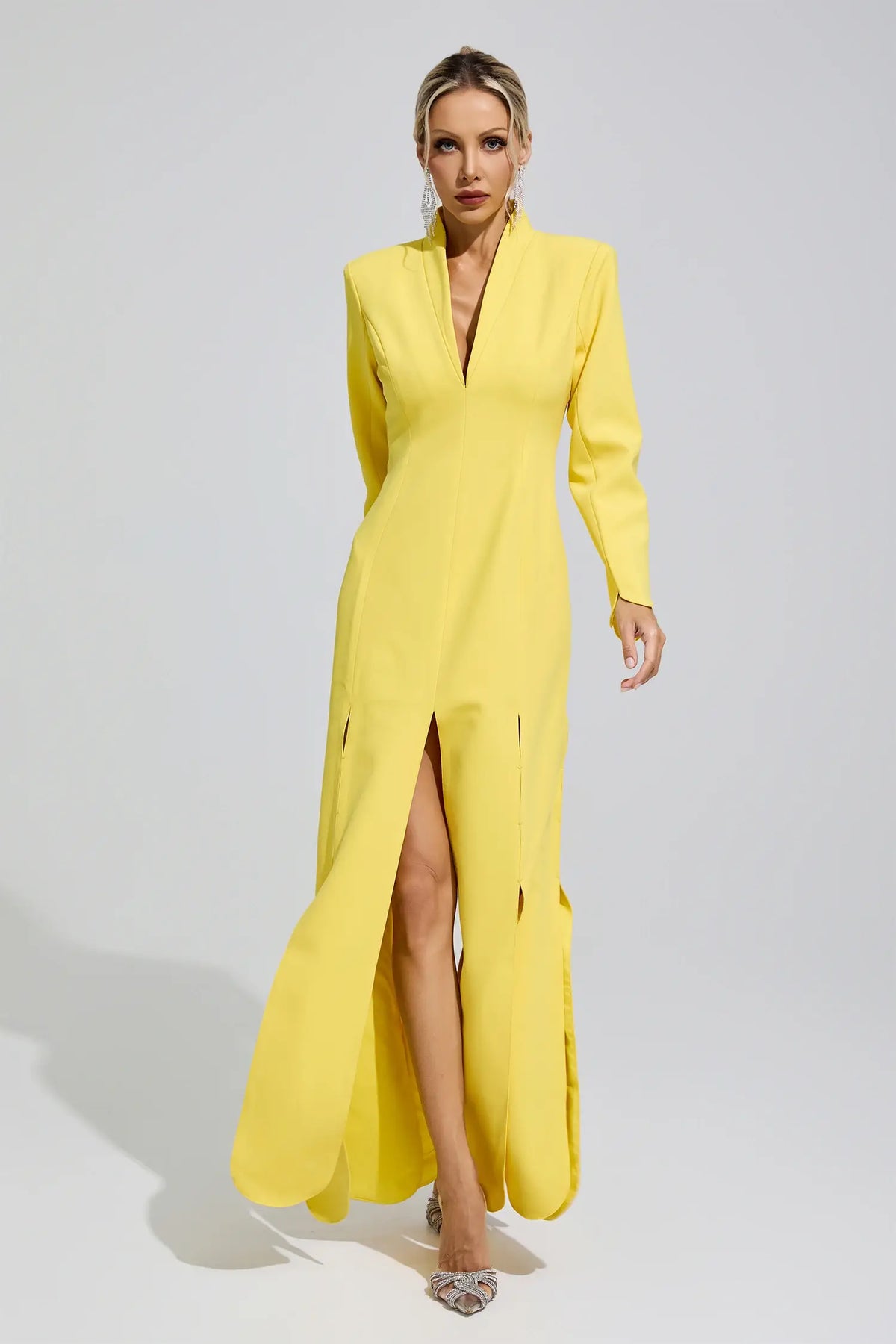 Elysia Yellow V-Neck High Slit Evening Maxi Dress
