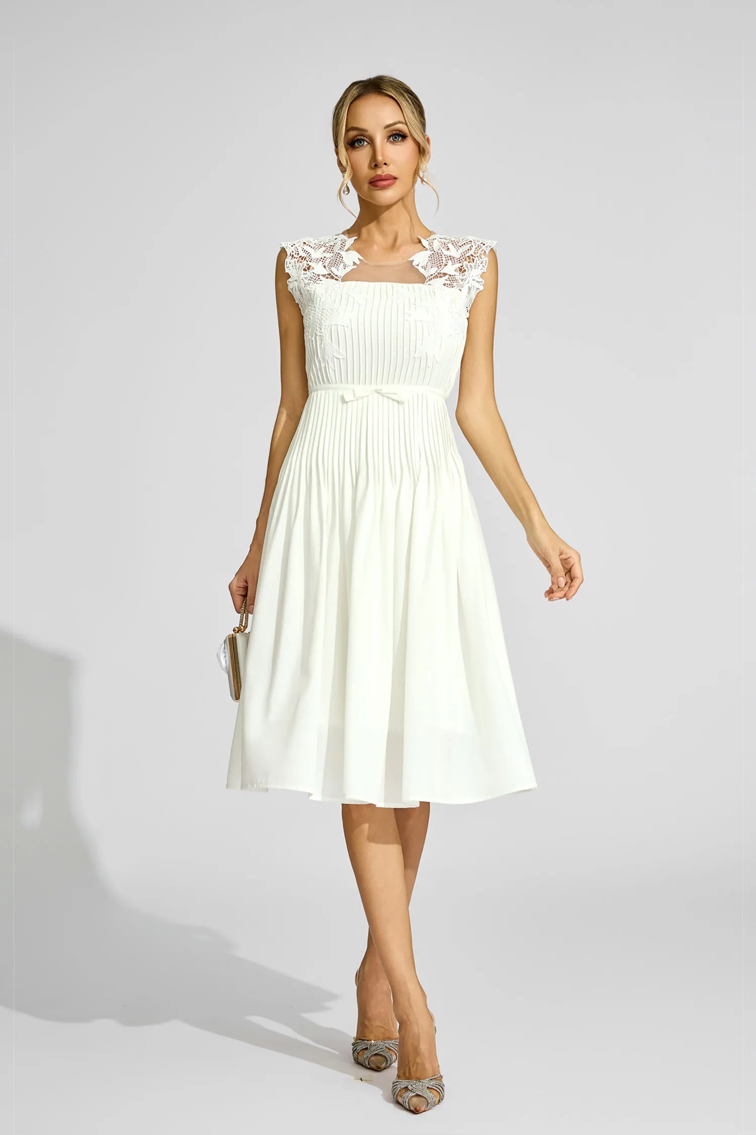 Angela White Lace Embellished Midi Dress