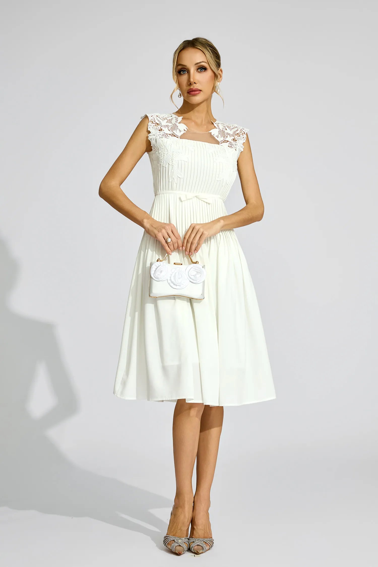 Angela White Lace Embellished Midi Dress