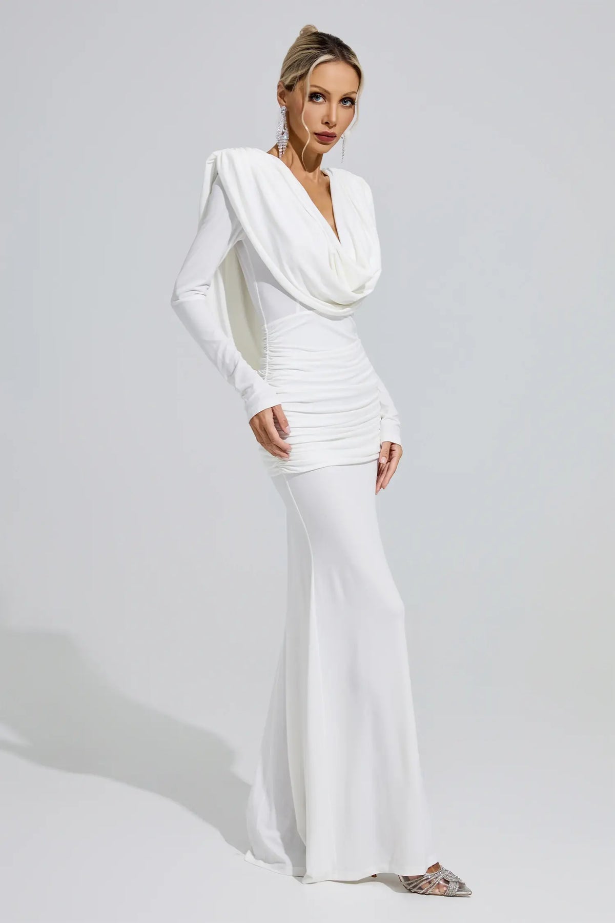 Emelia White Draped Evening Maxi Dress