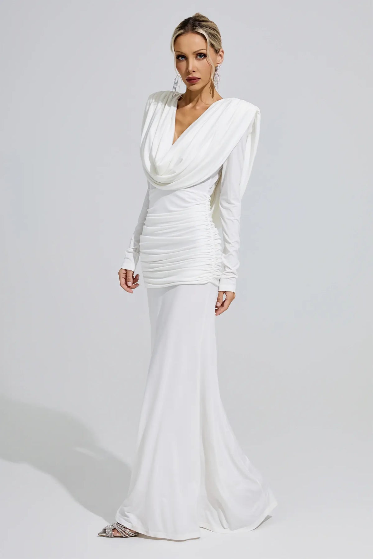 Emelia White Draped Evening Maxi Dress