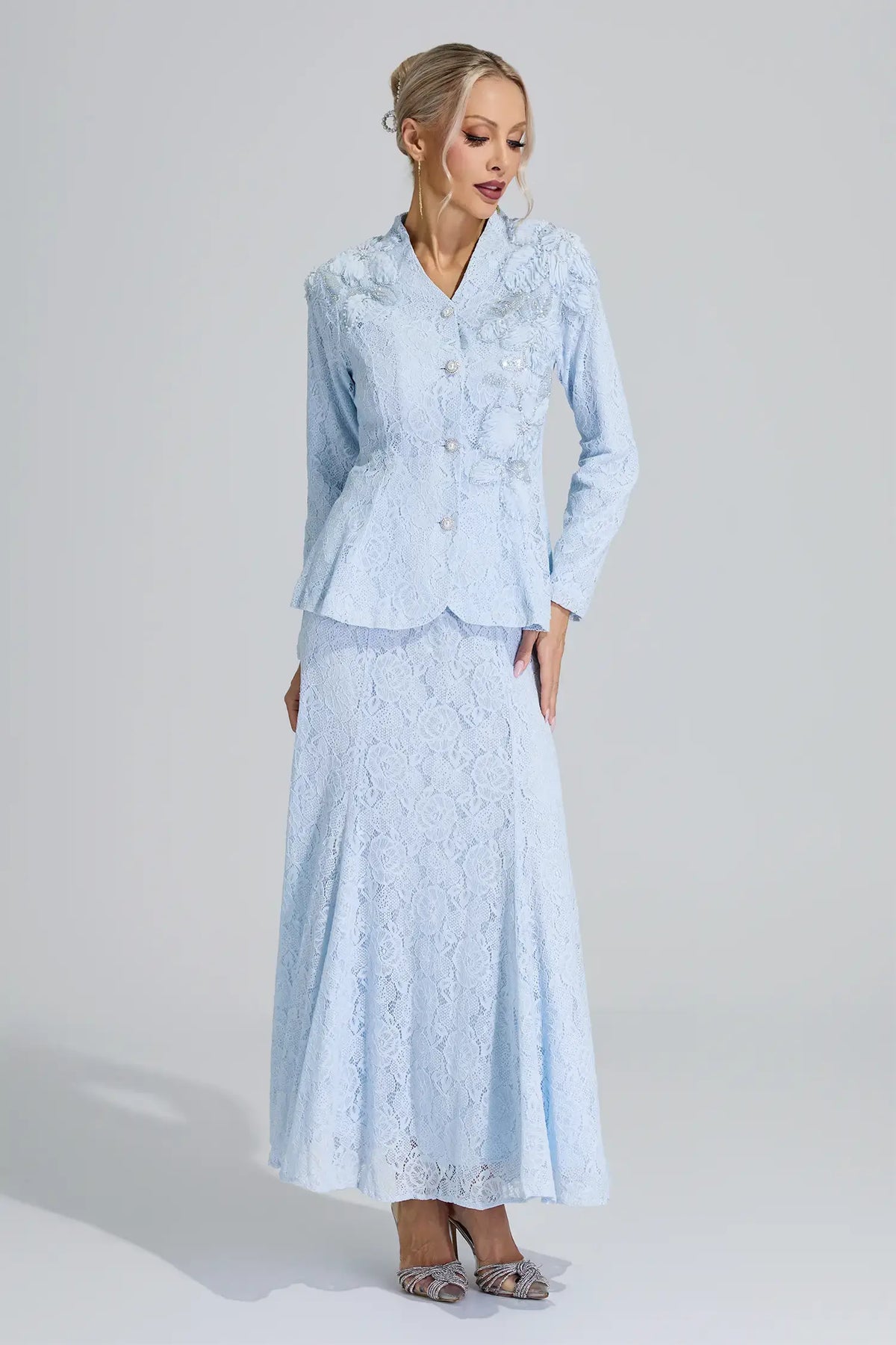 Aeliana Blue Lace Applique Fishtail Set