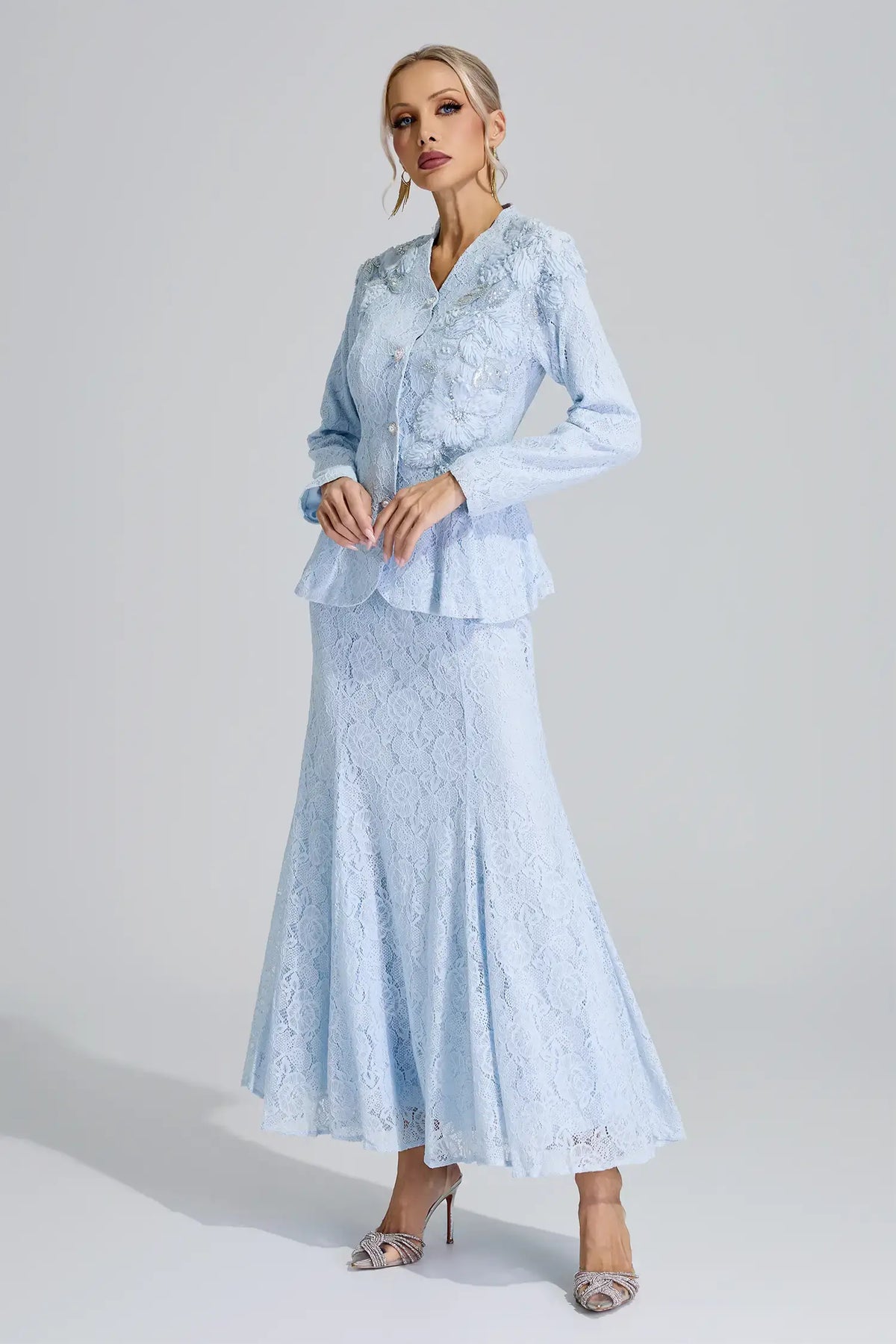 Aeliana Blue Lace Applique Fishtail Set