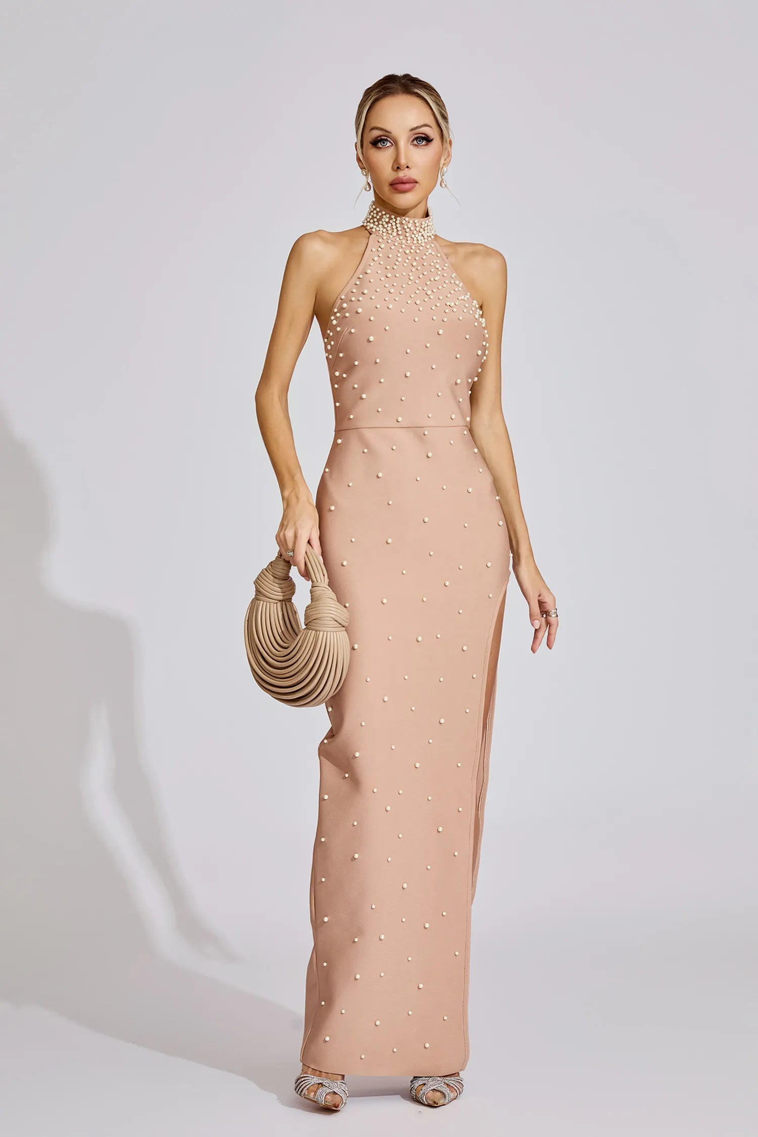 Valentina Beige Pearl Halter Maxi Dress