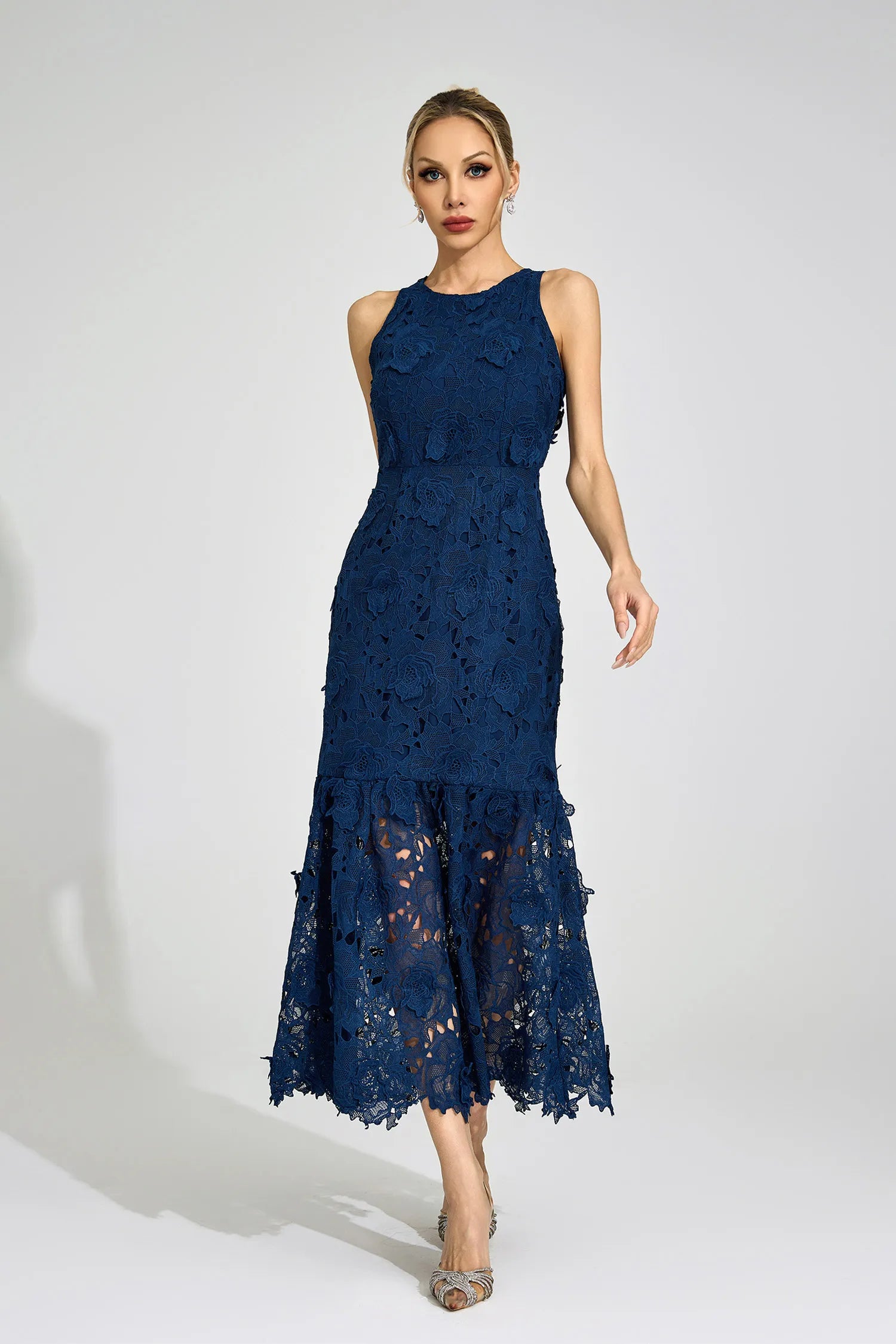 Aeloria Blue Round Neck Maxi Dress