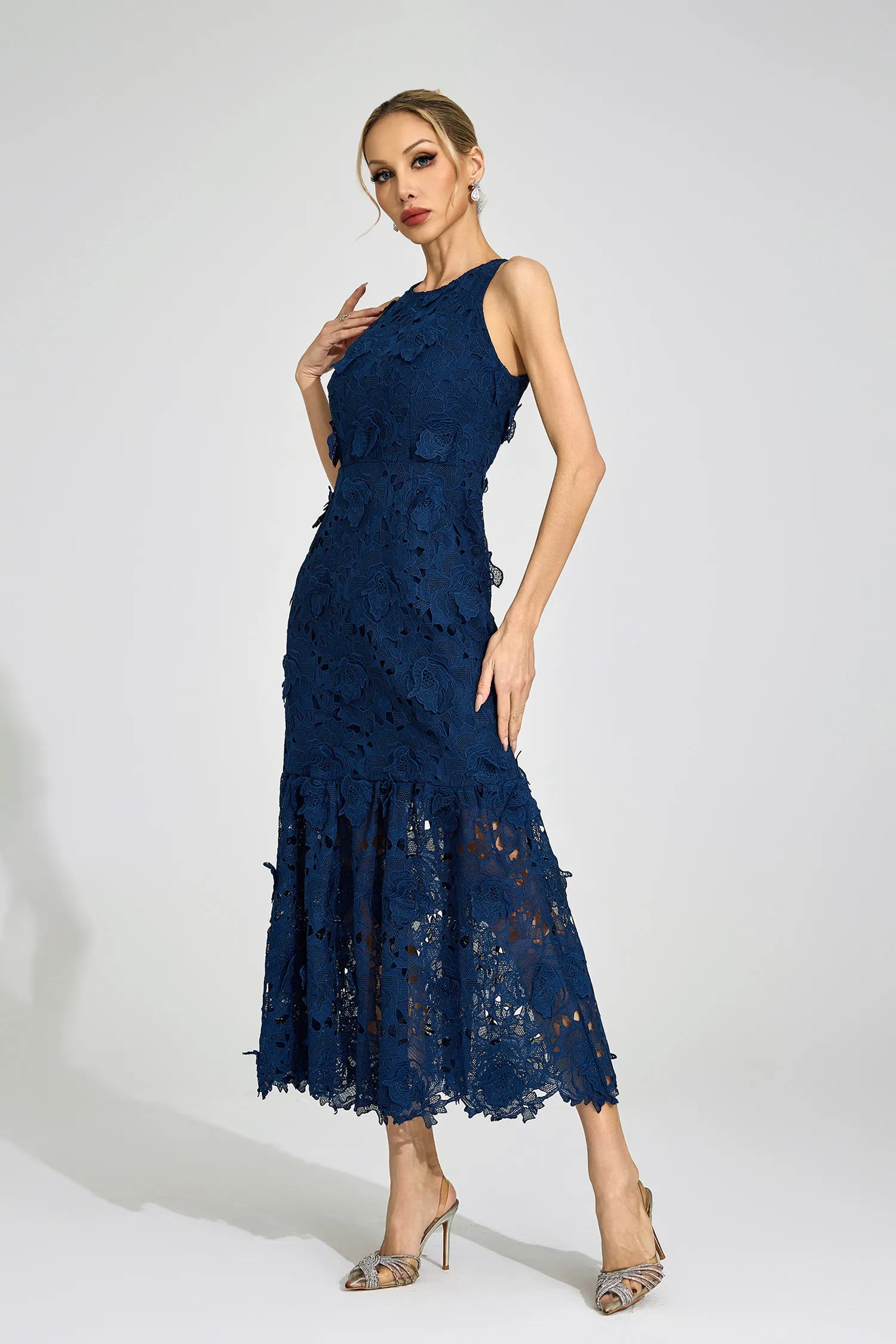 Aeloria Blue Round Neck Maxi Dress