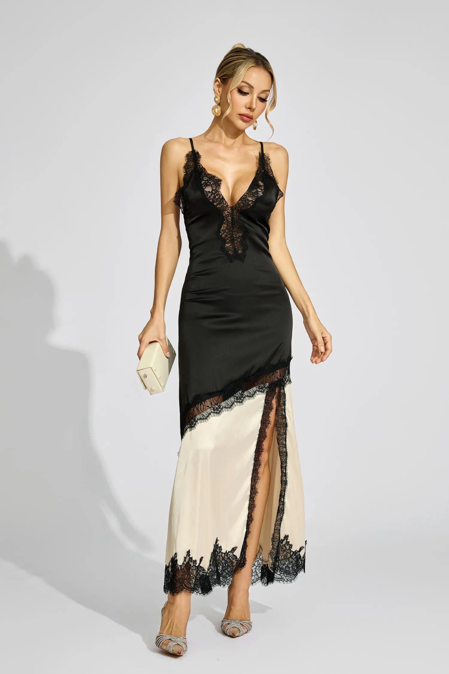 Jessica Black Beige Contrast Lace Maxi Dress