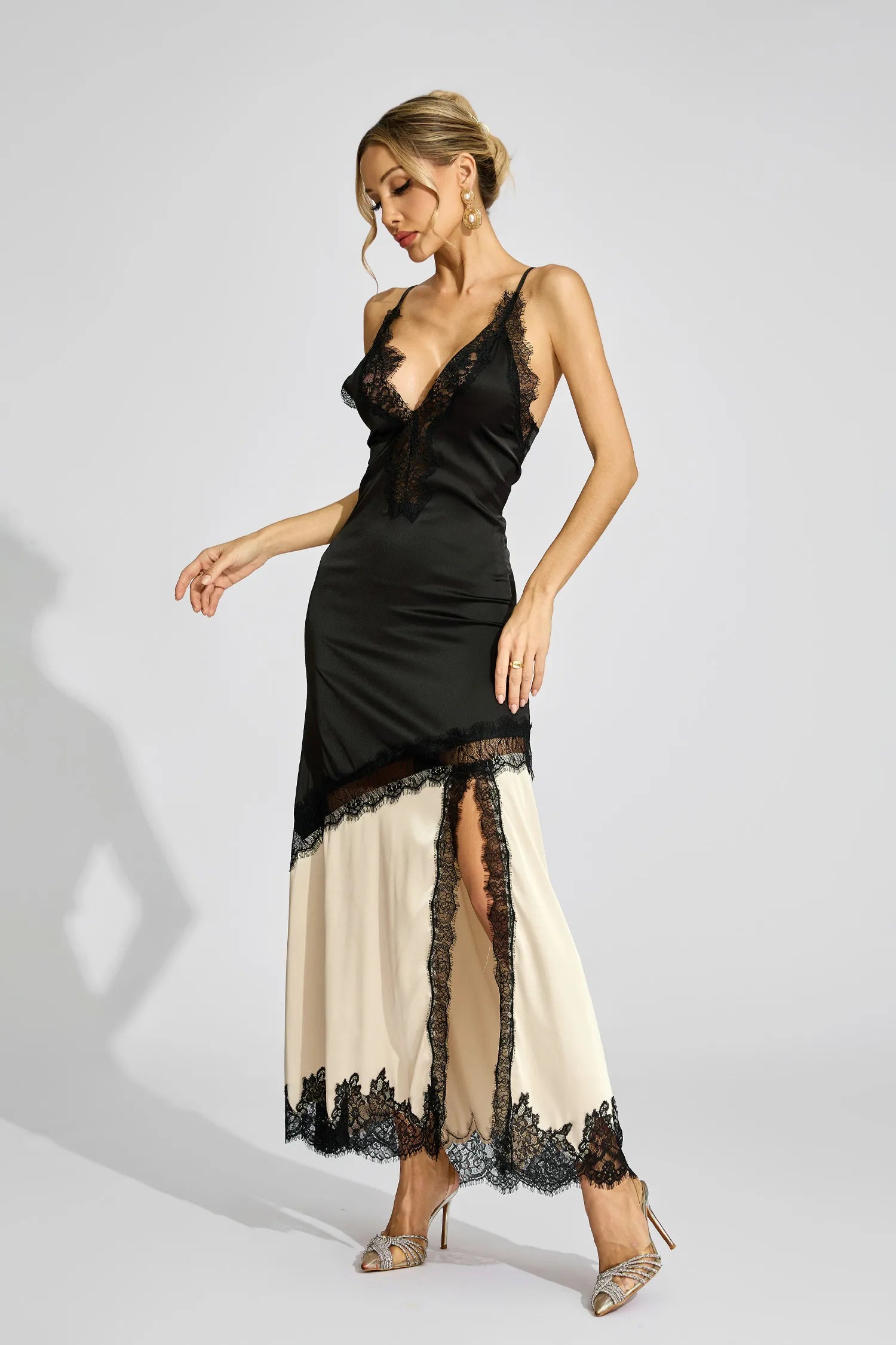 Jessica Black Beige Contrast Lace Maxi Dress