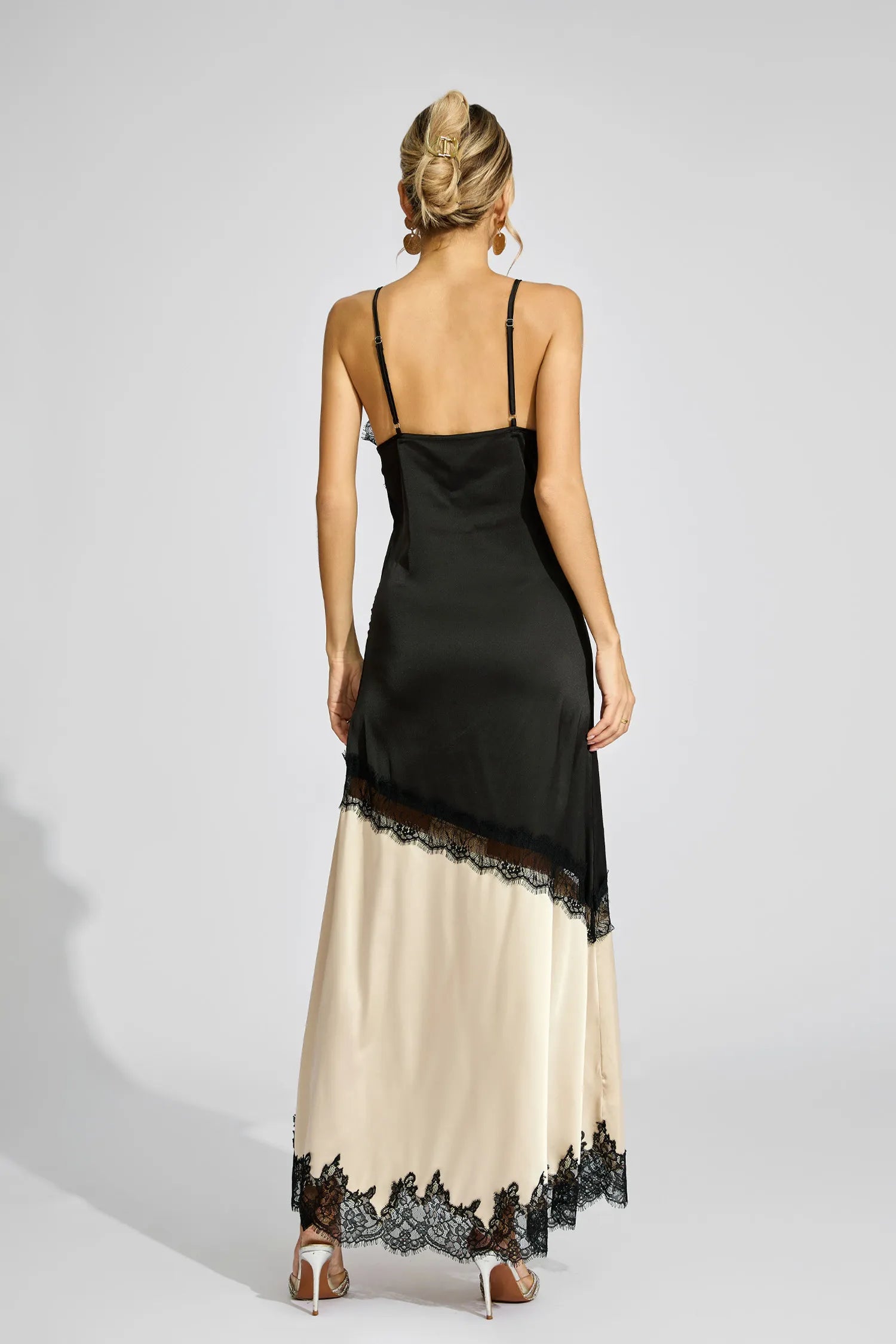 Jessica Black Beige Contrast Lace Maxi Dress
