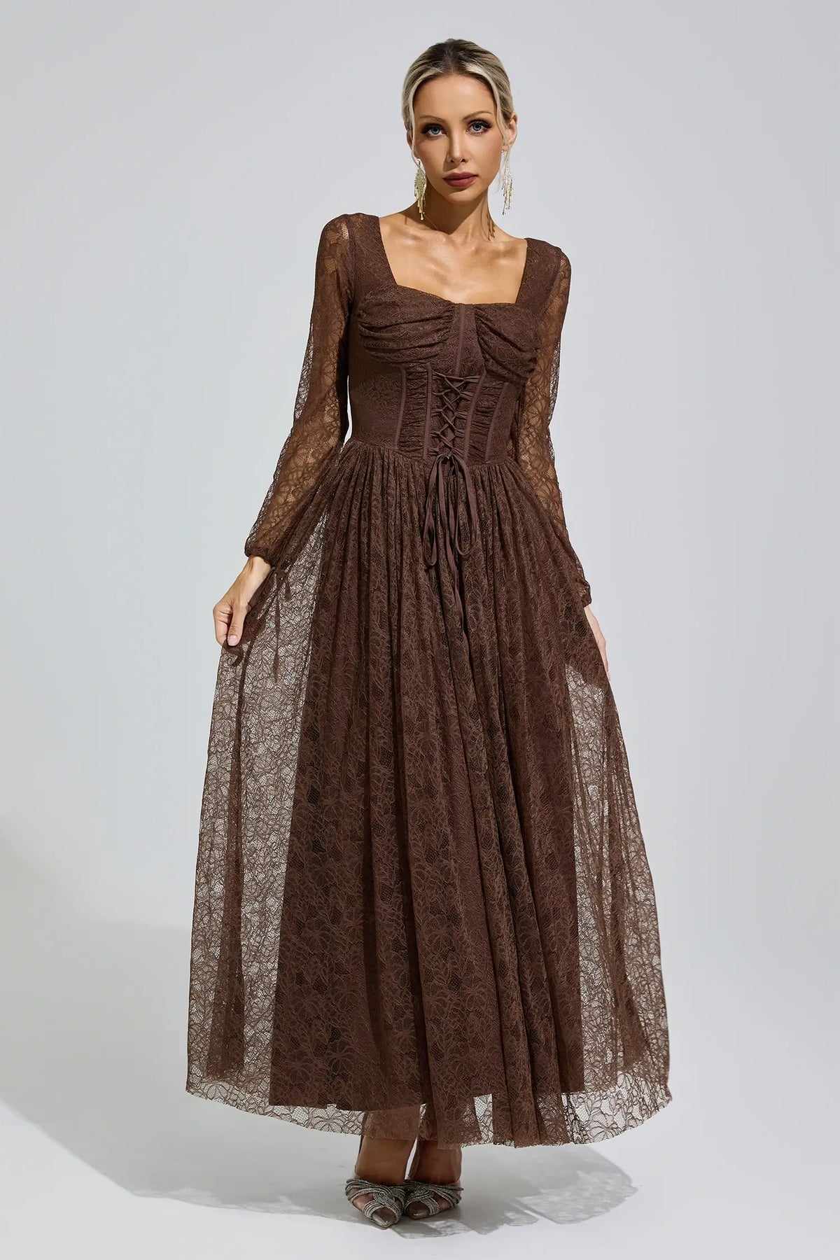 Marina Brown Corset Lace Maxi Dress