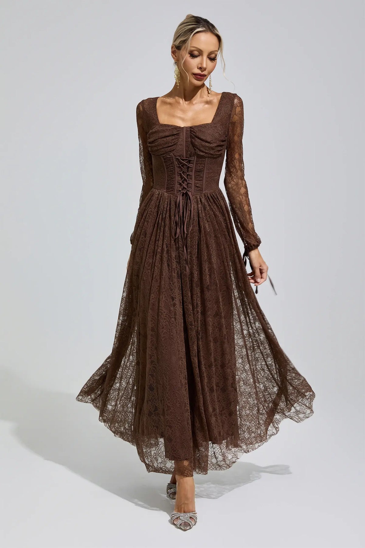 Marina Brown Corset Lace Maxi Dress