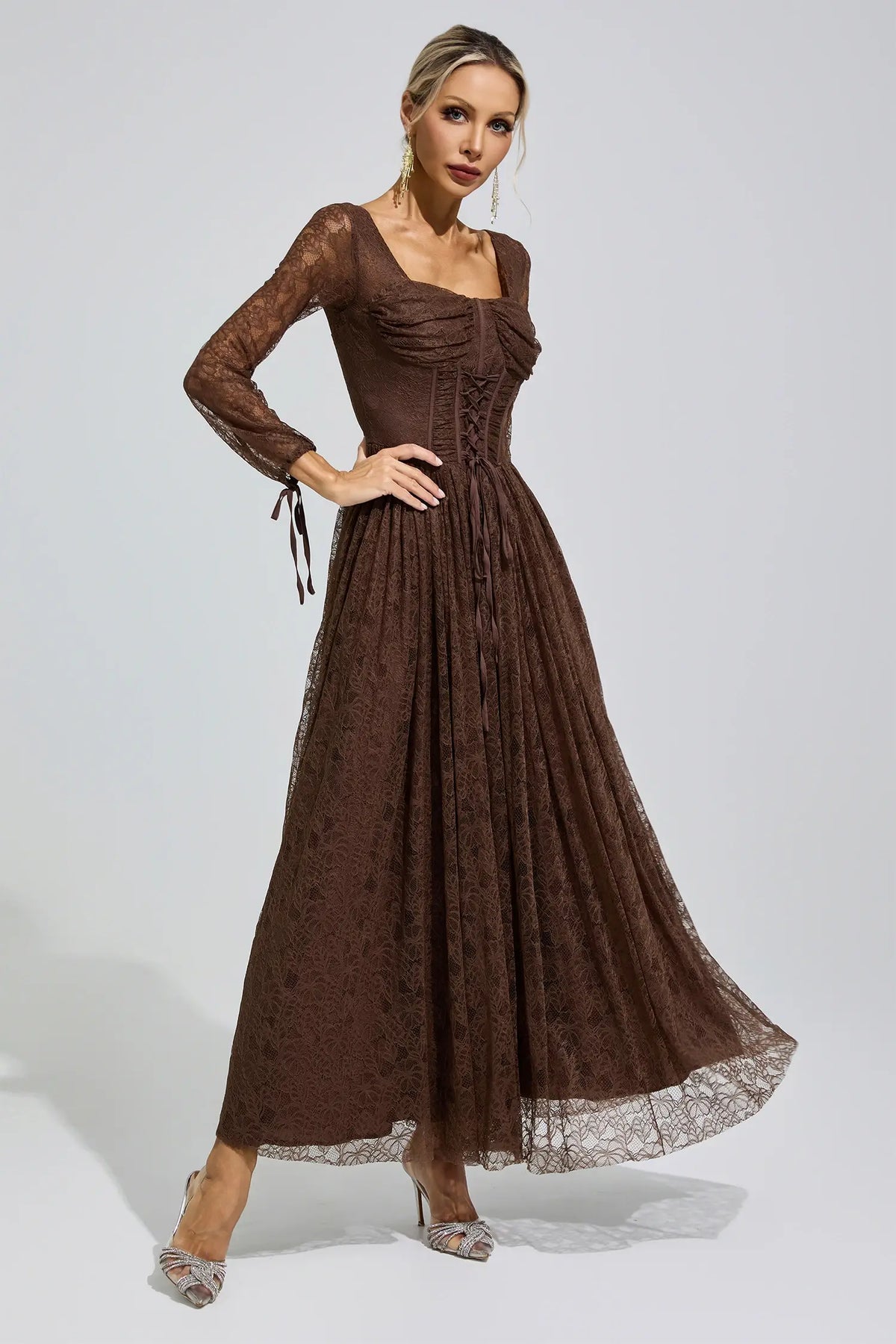 Marina Brown Corset Lace Maxi Dress