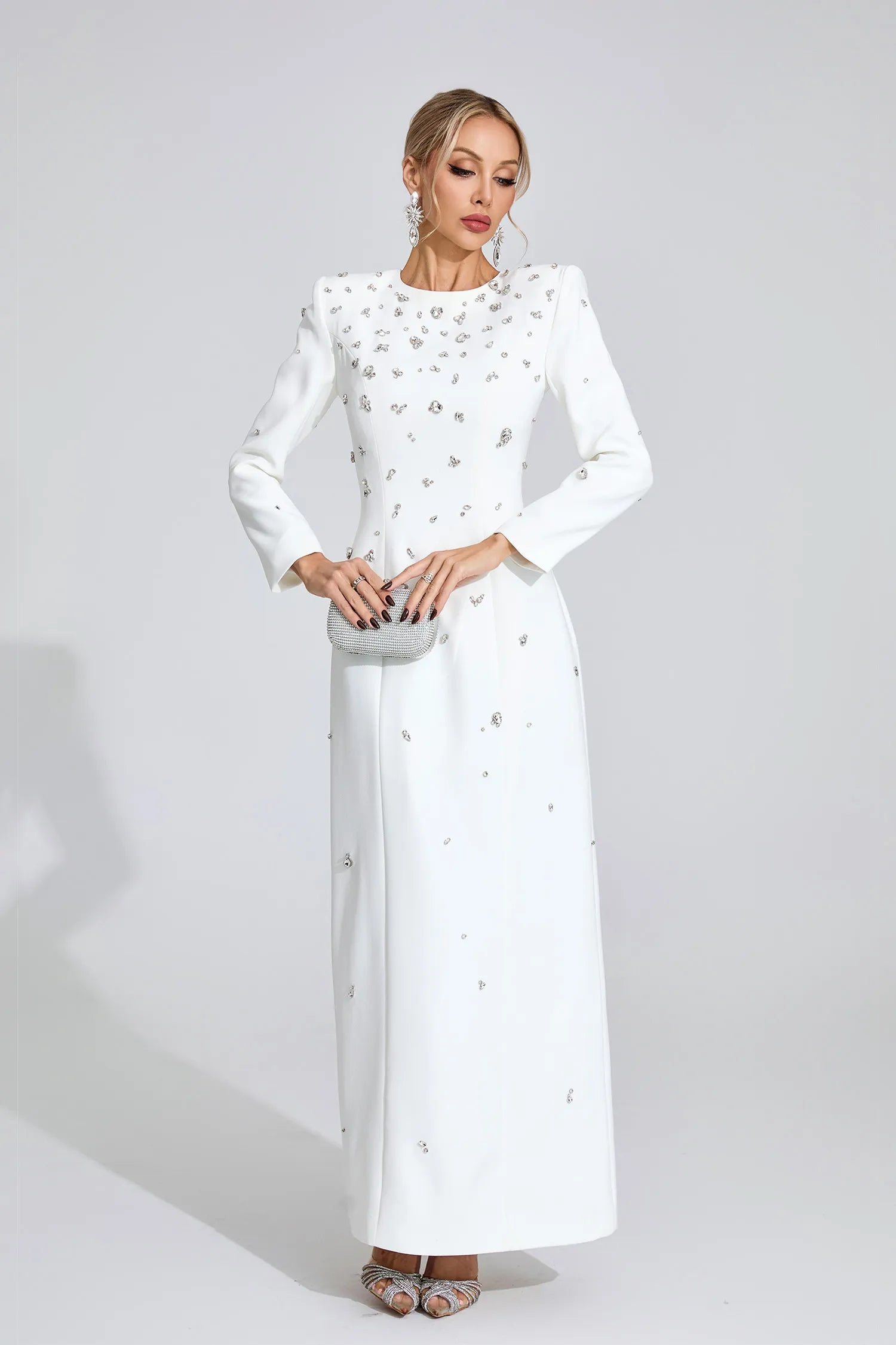 Lenore White Diamond Long Sleeve Maxi Dress