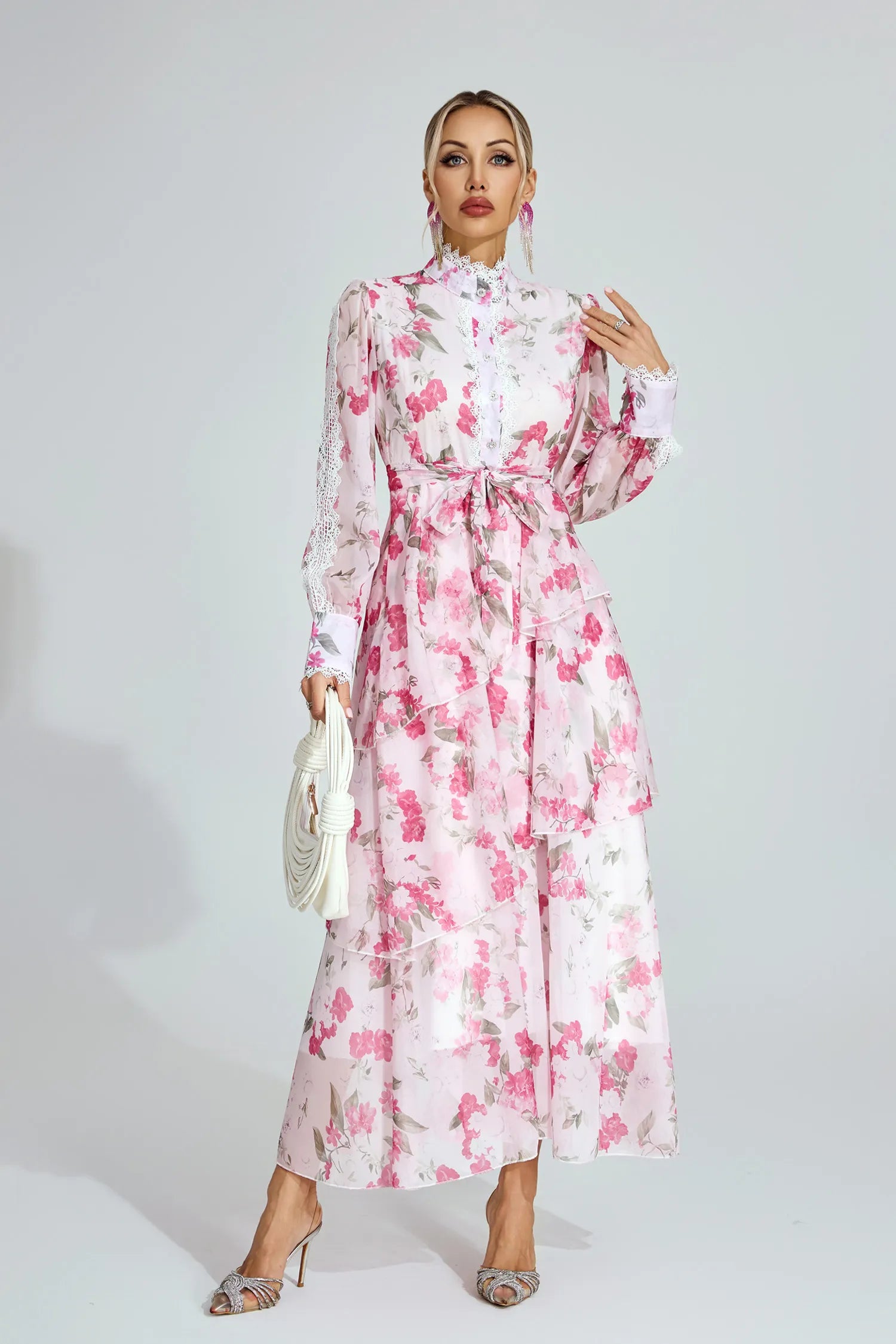 Aubree Pink Floral Chiffon Maxi Dress