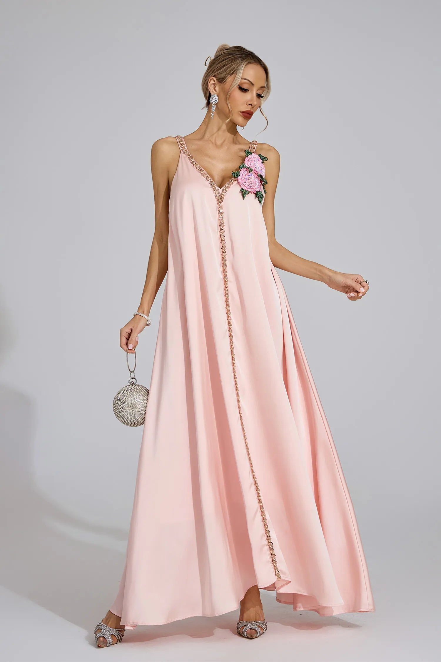 Camellia Pink Satin Maxi Dress