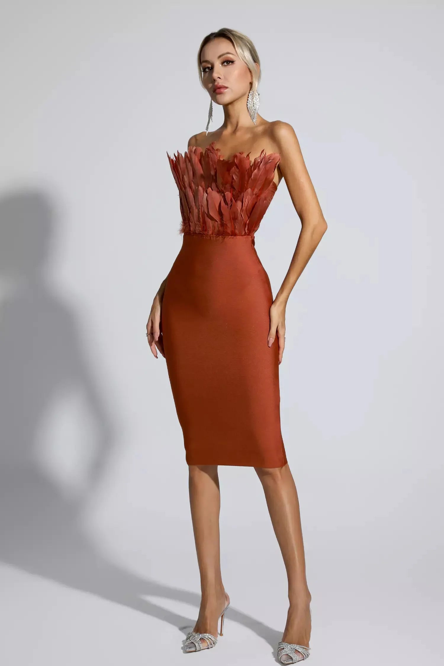 Elianna Dark Brown Feather Midi Dress