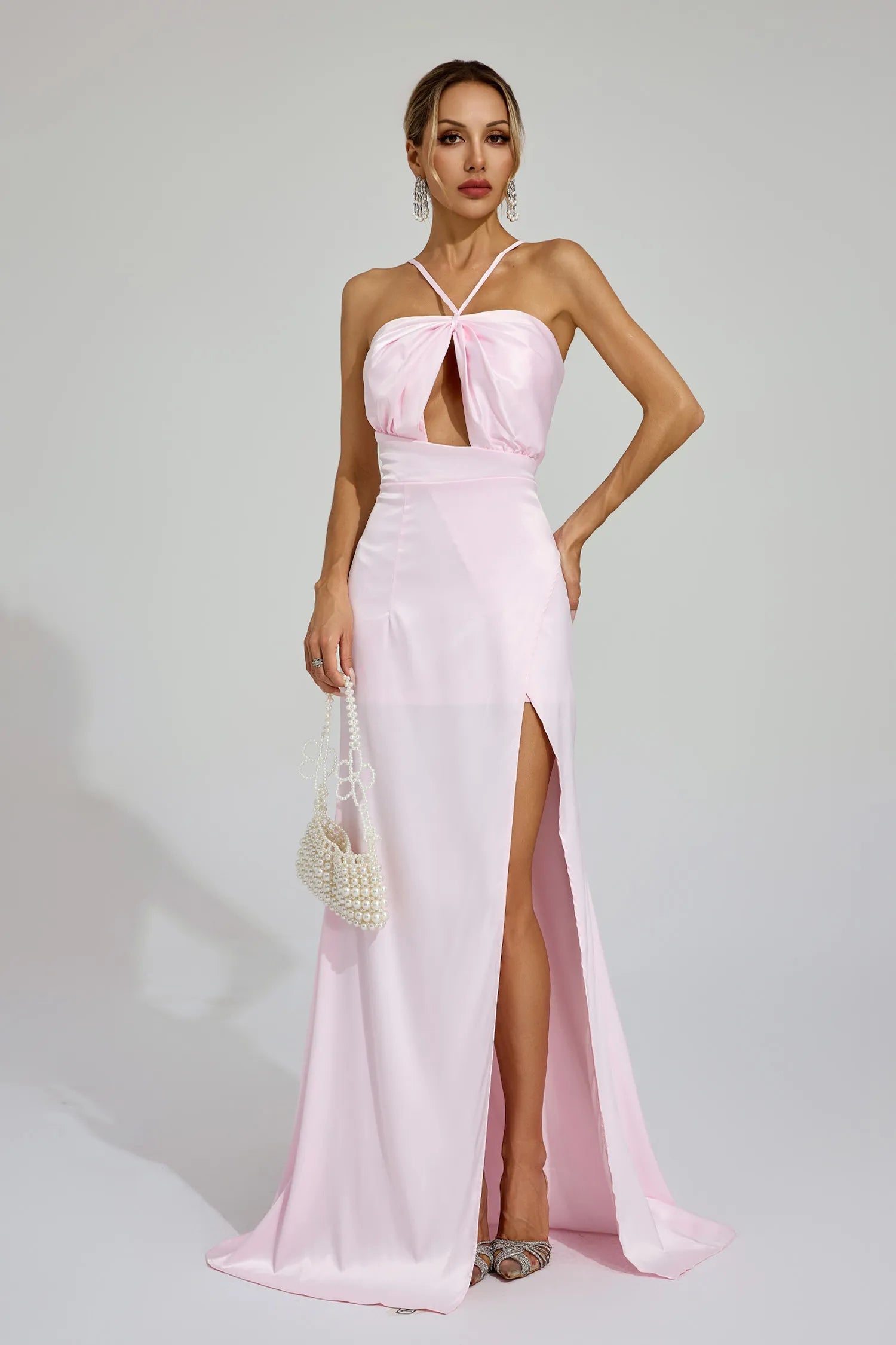 Katell Pink Slit Halter Maxi Dress
