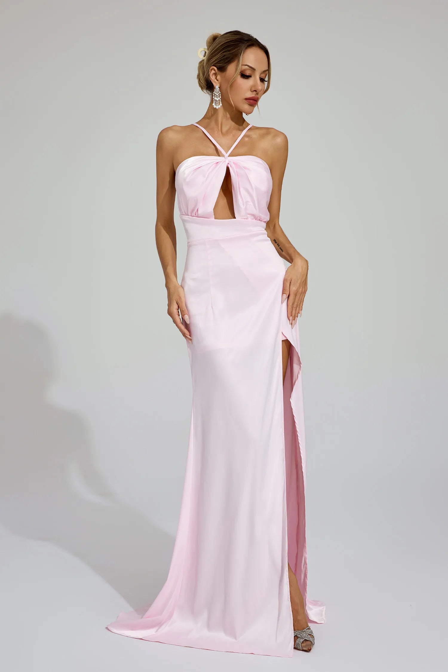 Katell Pink Slit Halter Maxi Dress