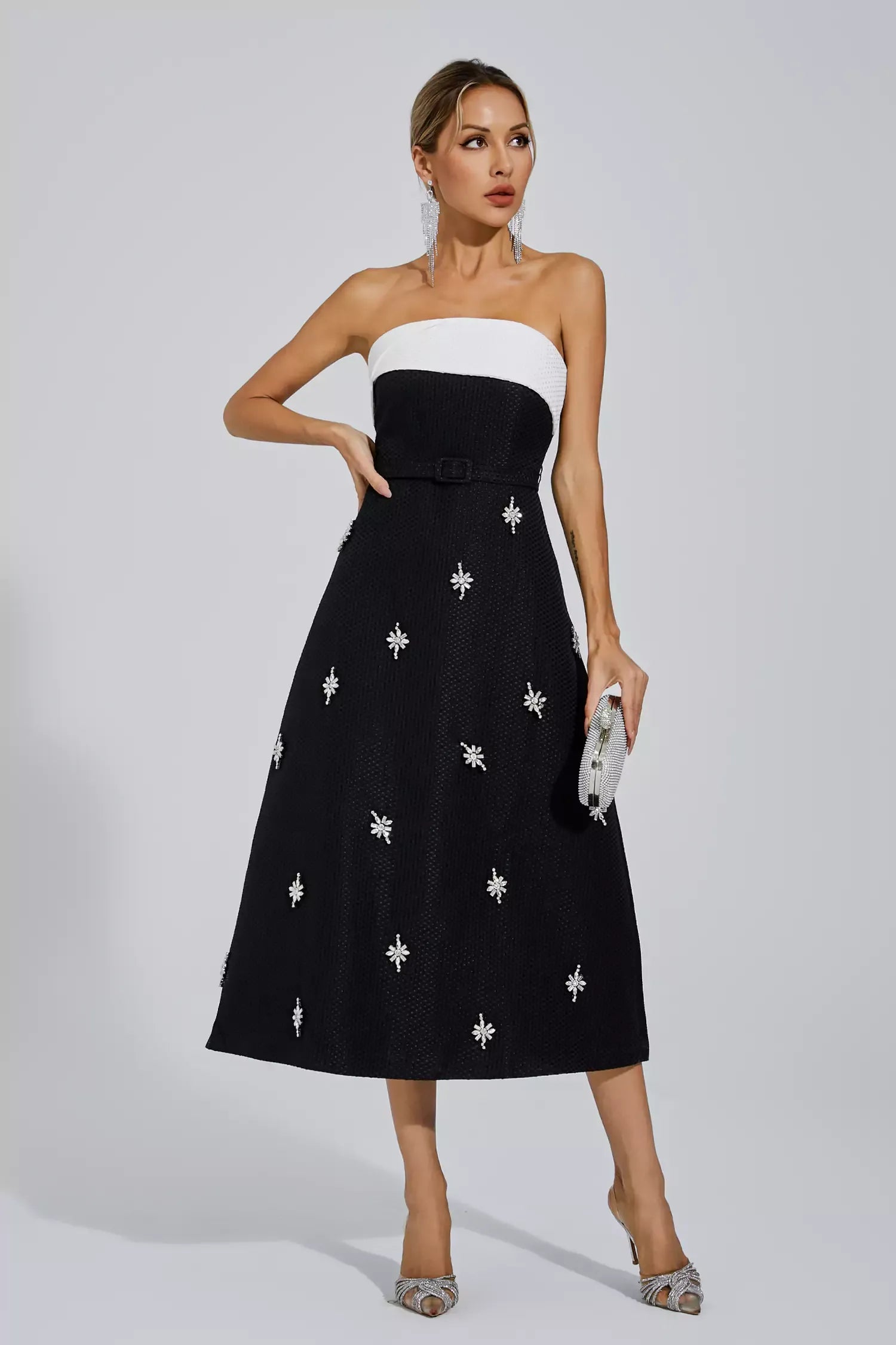 black and white formal midi dress Zapakasa Women Sparkly Spaghetti Straps Mermaid Light Blue Prom Dress with  Slit Sequined Long Party Dress main image 0