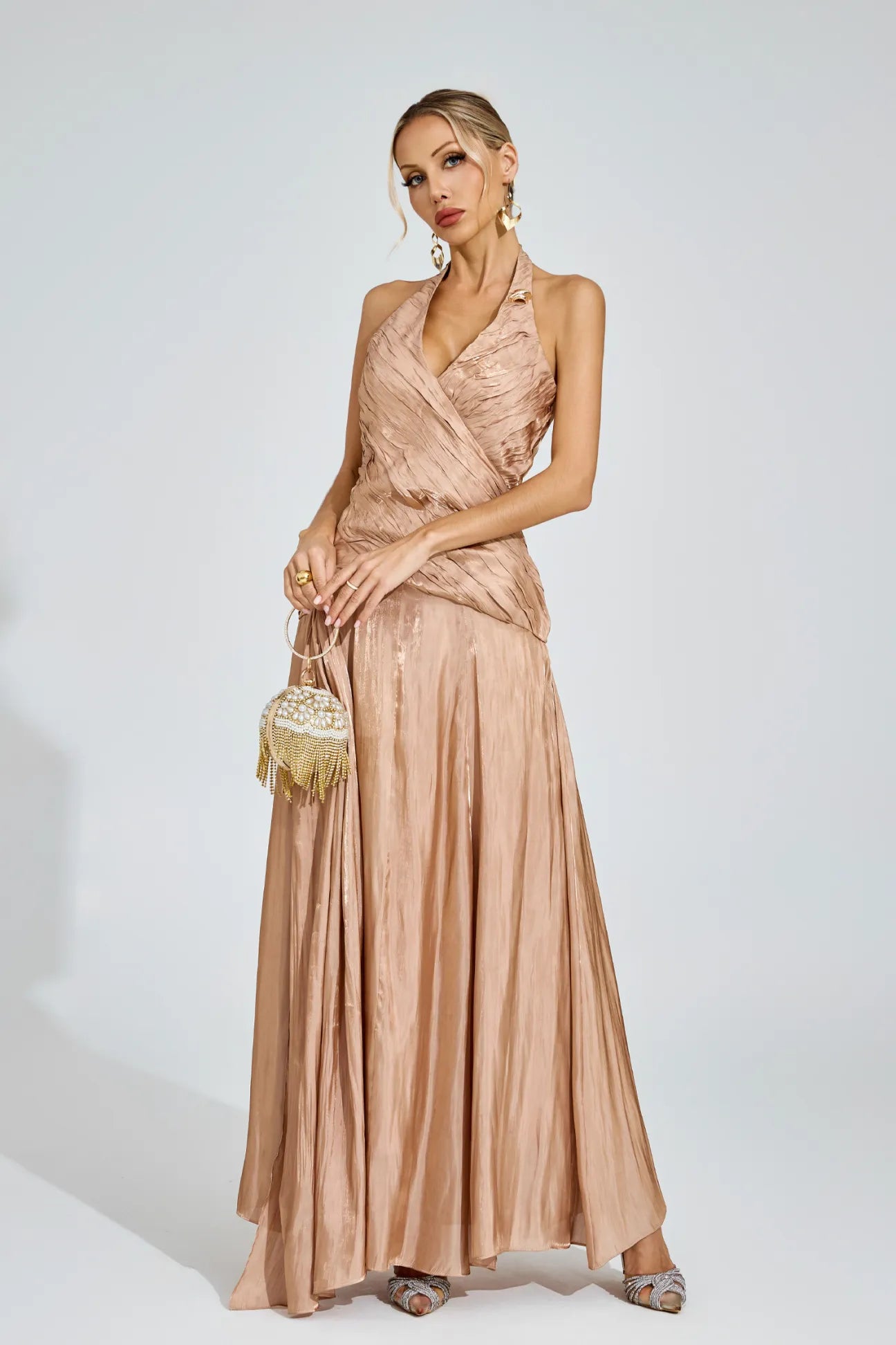 Melody Champagne Halter Maxi Dress