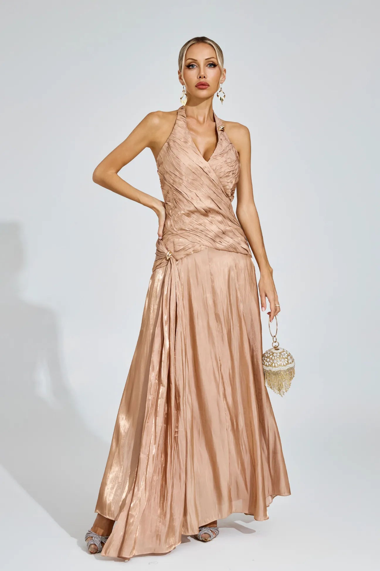Melody Champagne Halter Maxi Dress