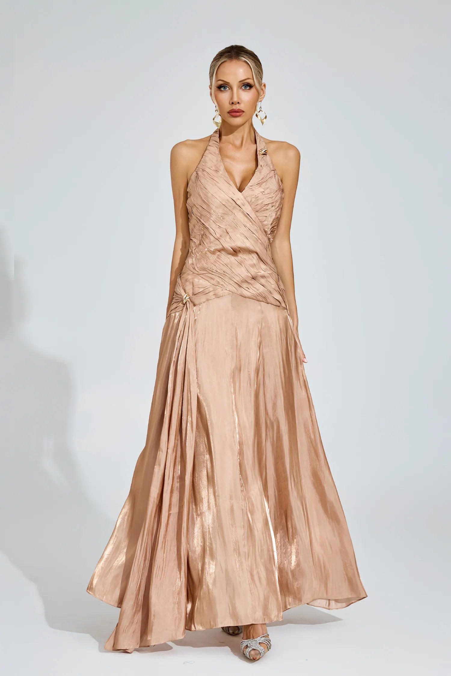 Melody Champagne Halter Maxi Dress