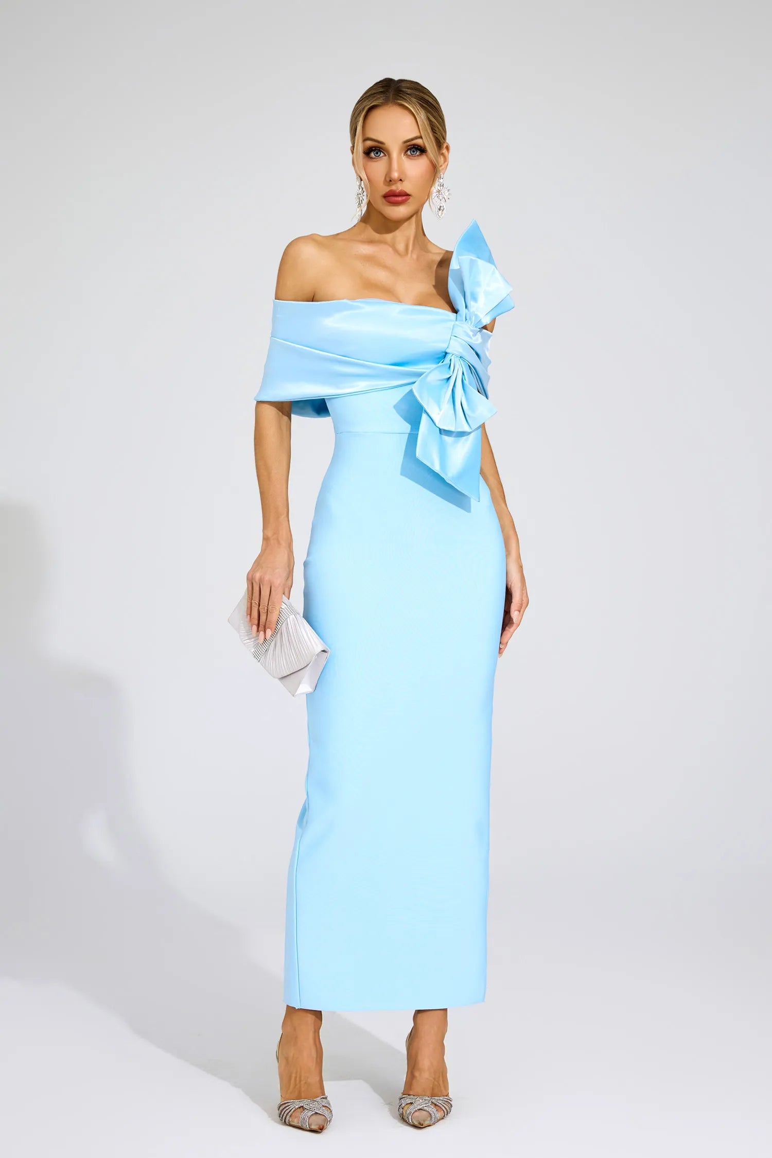Giverny Blue Bow Tie Bandage Maxi Dress