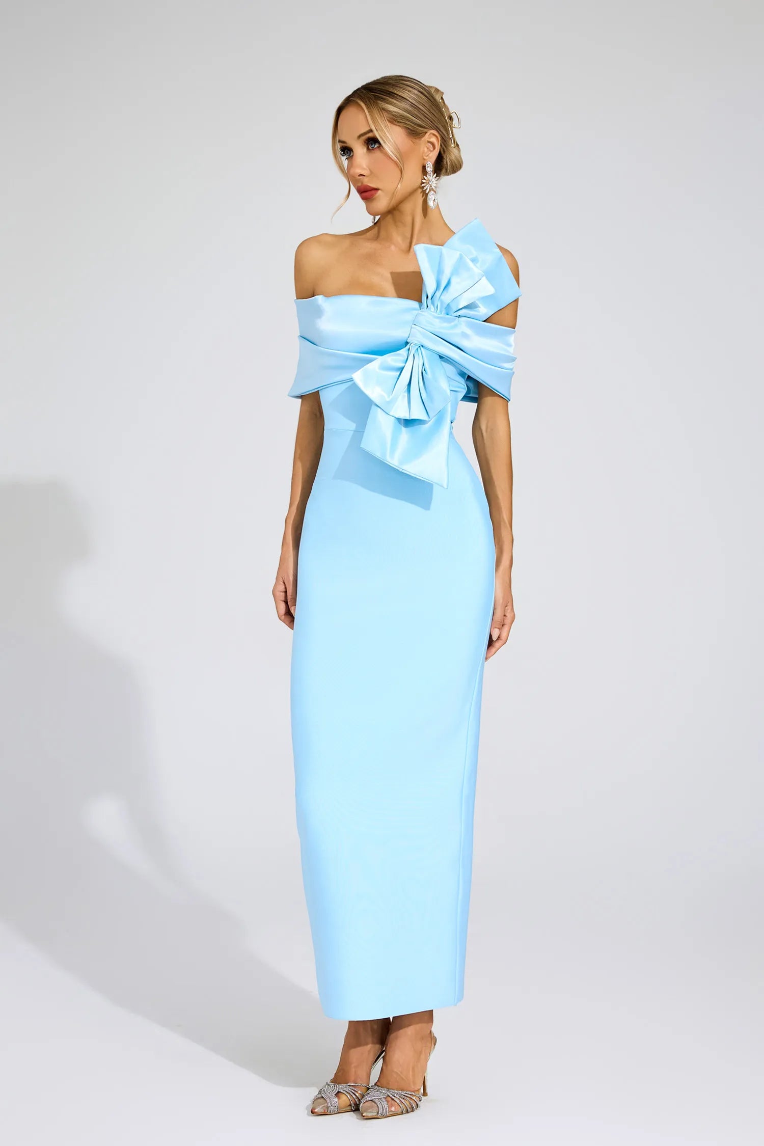 Giverny Blue Bow Tie Bandage Maxi Dress