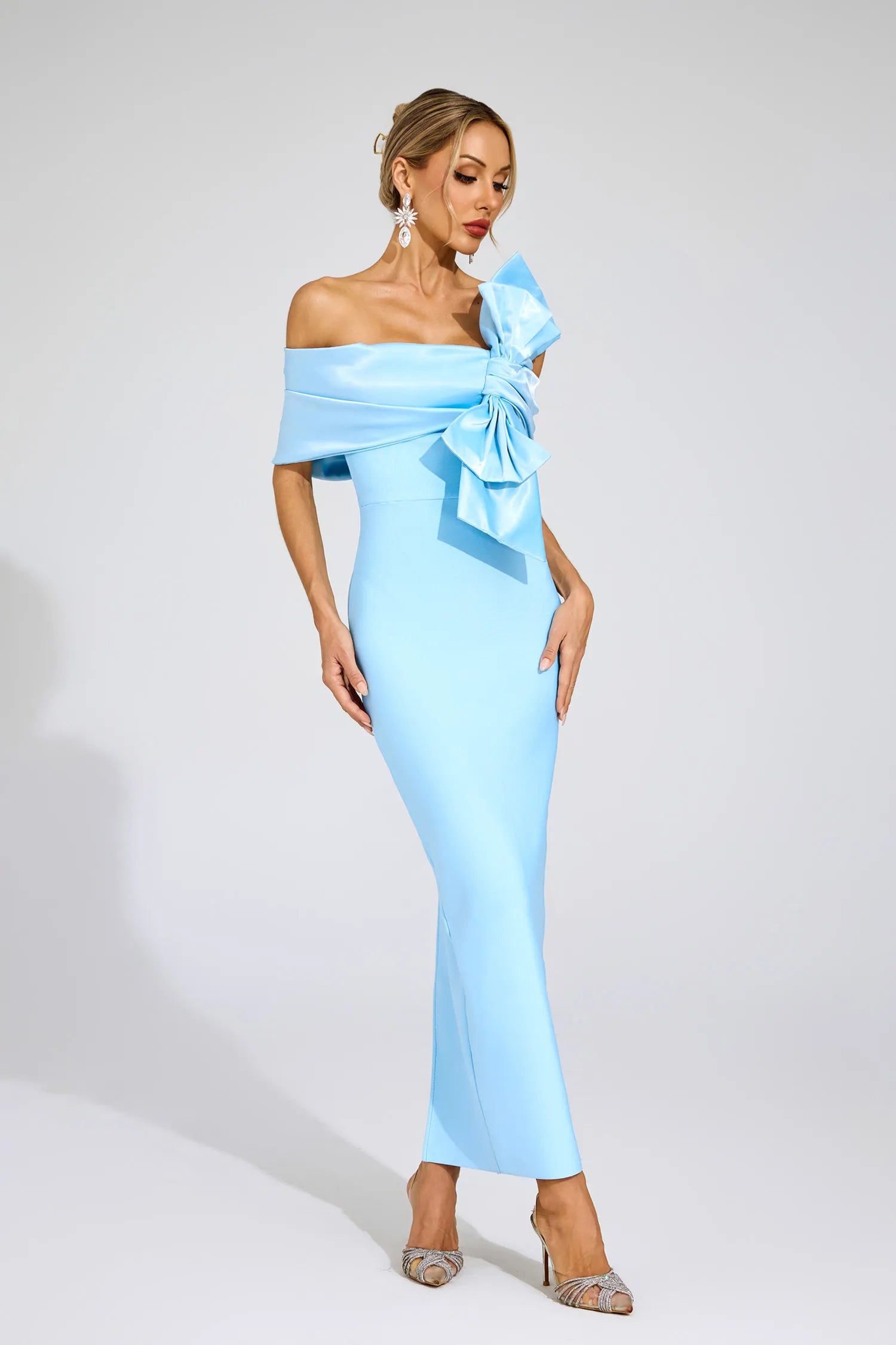 Giverny Blue Bow Tie Bandage Maxi Dress