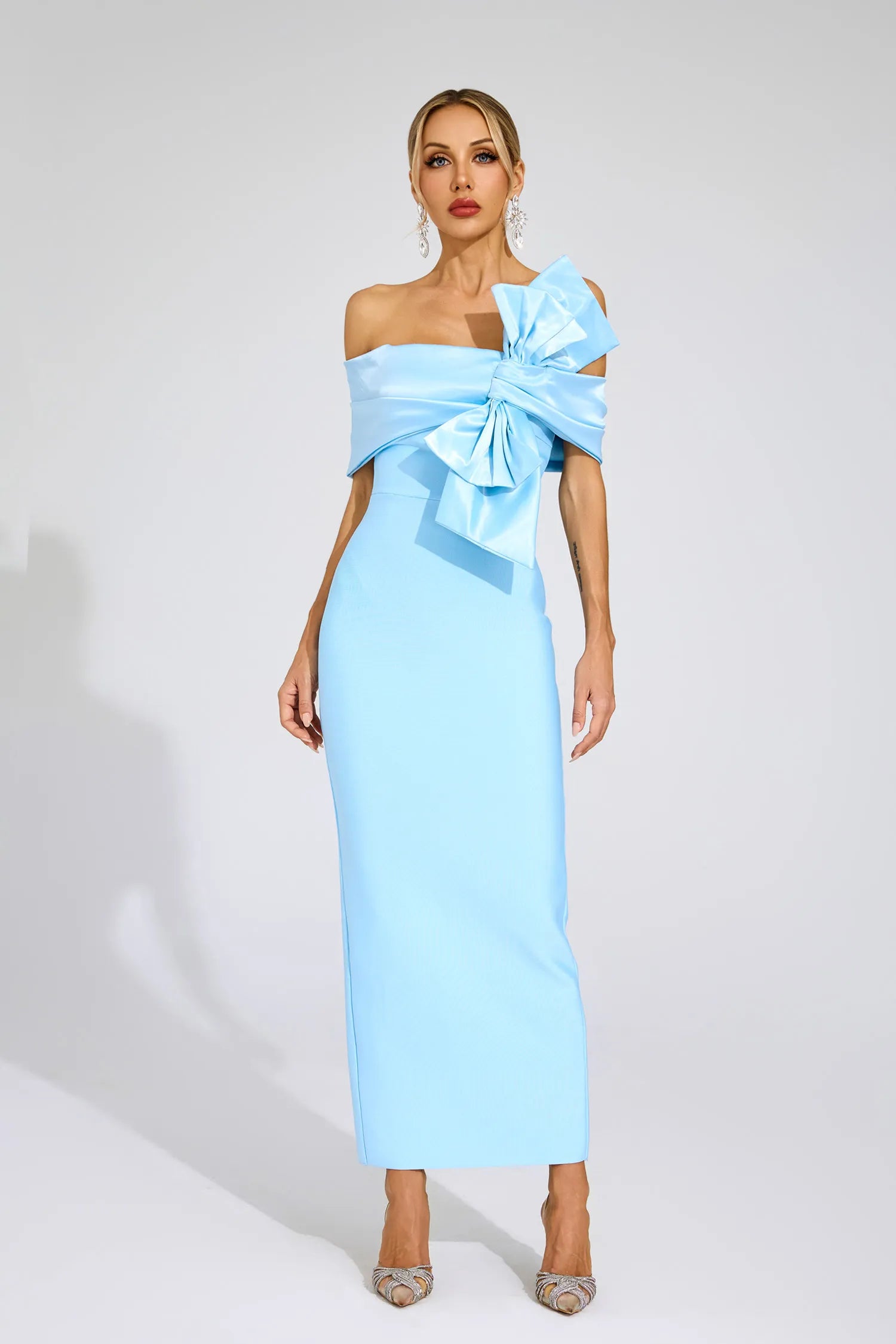 Giverny Blue Bow Tie Bandage Maxi Dress